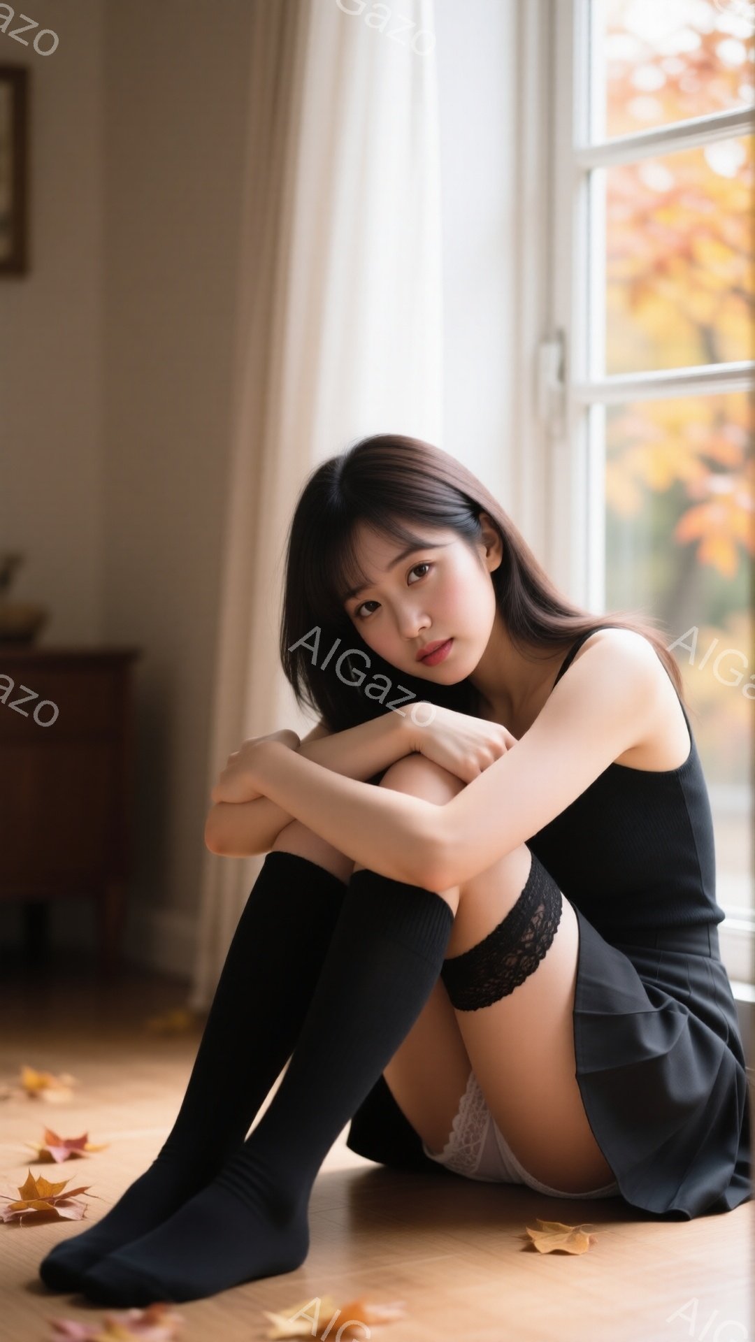 黒いニーハイソックスとミニスカートを履いた女性が、膝を抱えて床に座っています。彼女は黒いタンクトップを着ており、長い黒髪は肩にかかっています。背景には窓があり、窓の外には秋の紅葉が見え、室内には散った - AI生成フリー素材