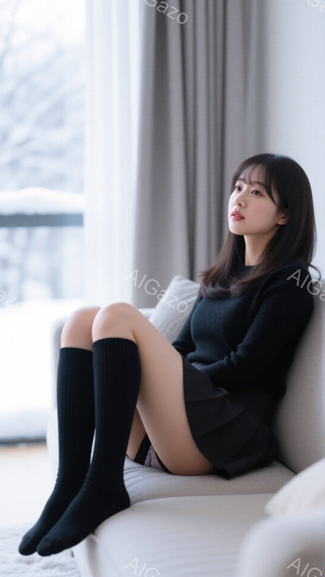長い黒髪の女性が、白いソファーに膝を抱えて座っています。黒のセーターと短いスカート、膝丈の黒い靴下を履いており、少し憂いを帯びた表情で横を向いています。背景には窓があり、ぼんやりと外の風景が見え、室内 - AI生成フリー素材