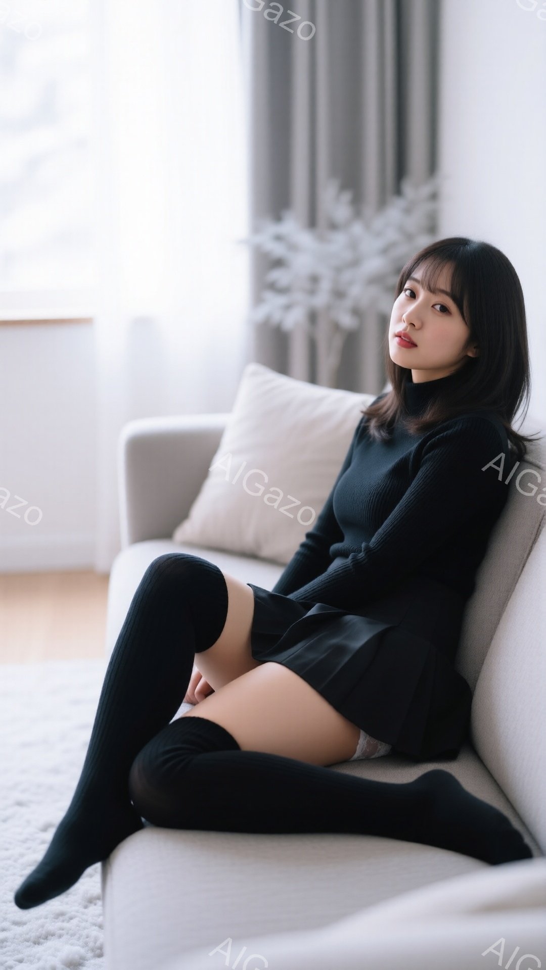 長い黒髪の女性が、白いソファーに座ってこちらを見ています。黒いタートルネックセーターとミニスカート、そして膝丈の黒いソックスを履いています。背景には白っぽいラグと、観葉植物が見え、全体的に柔らかい光が差し込んでおり、落ち着いた雰囲気が漂っています。