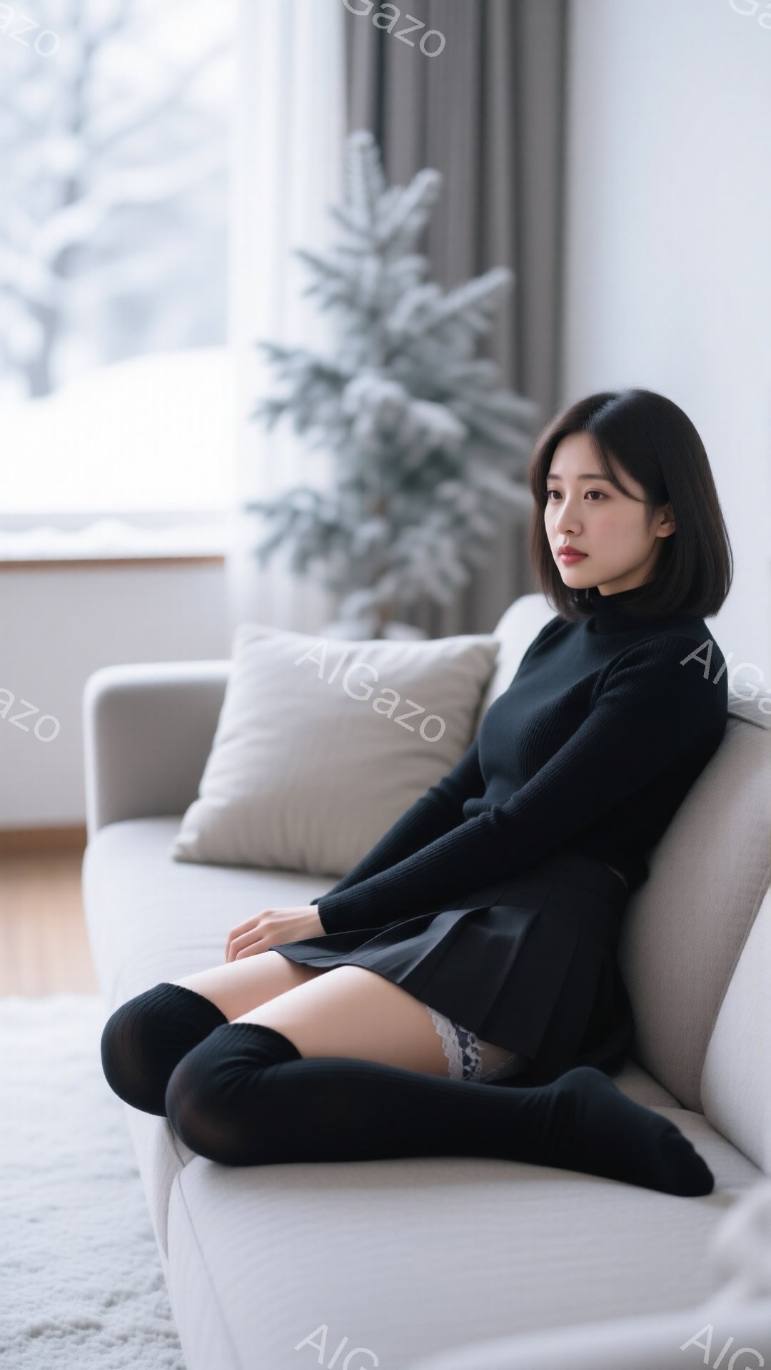 黒いタートルネックセーターとミニスカートを身に着けた女性が、灰色のソファに座って足を組んでいます。彼女は長い黒いソックスを履いており、レースの縁が見えます。背景には白いクッションと、ぼんやりと見える冬 - AI生成フリー素材