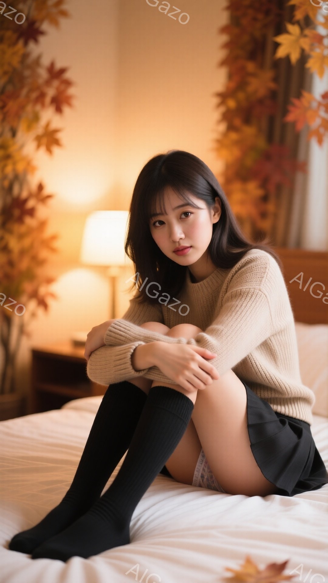 茶色のニットセーターと黒いミニスカートを着用した若い女性がベッドに座って膝を抱えています。彼女は長い黒い靴下を履いており、控えめな表情でカメラを見つめています。背景には、ぼやけた家具と、秋らしいオレンジ色の葉の装飾が見られ、暖かく穏やかな雰囲気を醸し出しています。