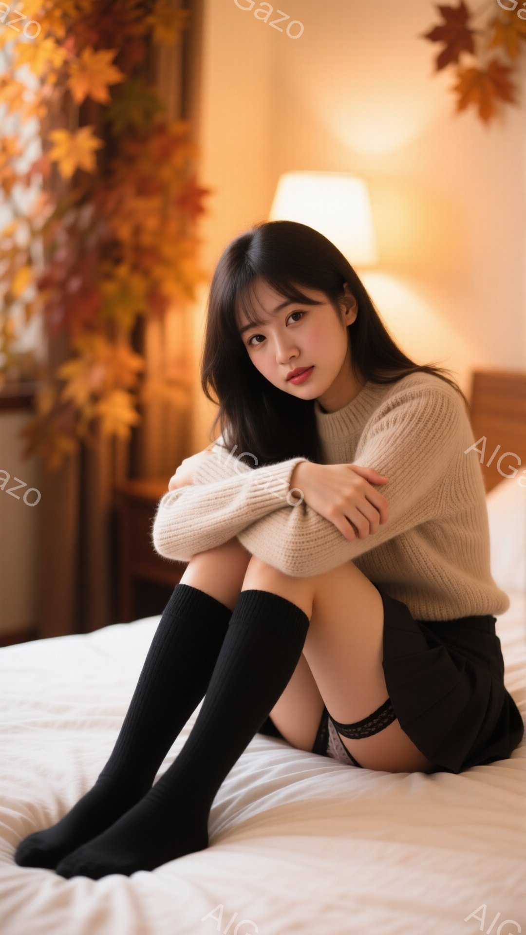 長い黒髪の女性がベッドに膝を抱えて座っています。ベージュのニットセーターと黒のスカート、そして黒の膝下ソックスを身に着けており、表情は穏やかです。背景には、秋らしい紅葉の装飾があり、暖かく落ち着いた雰 - AI生成フリー素材