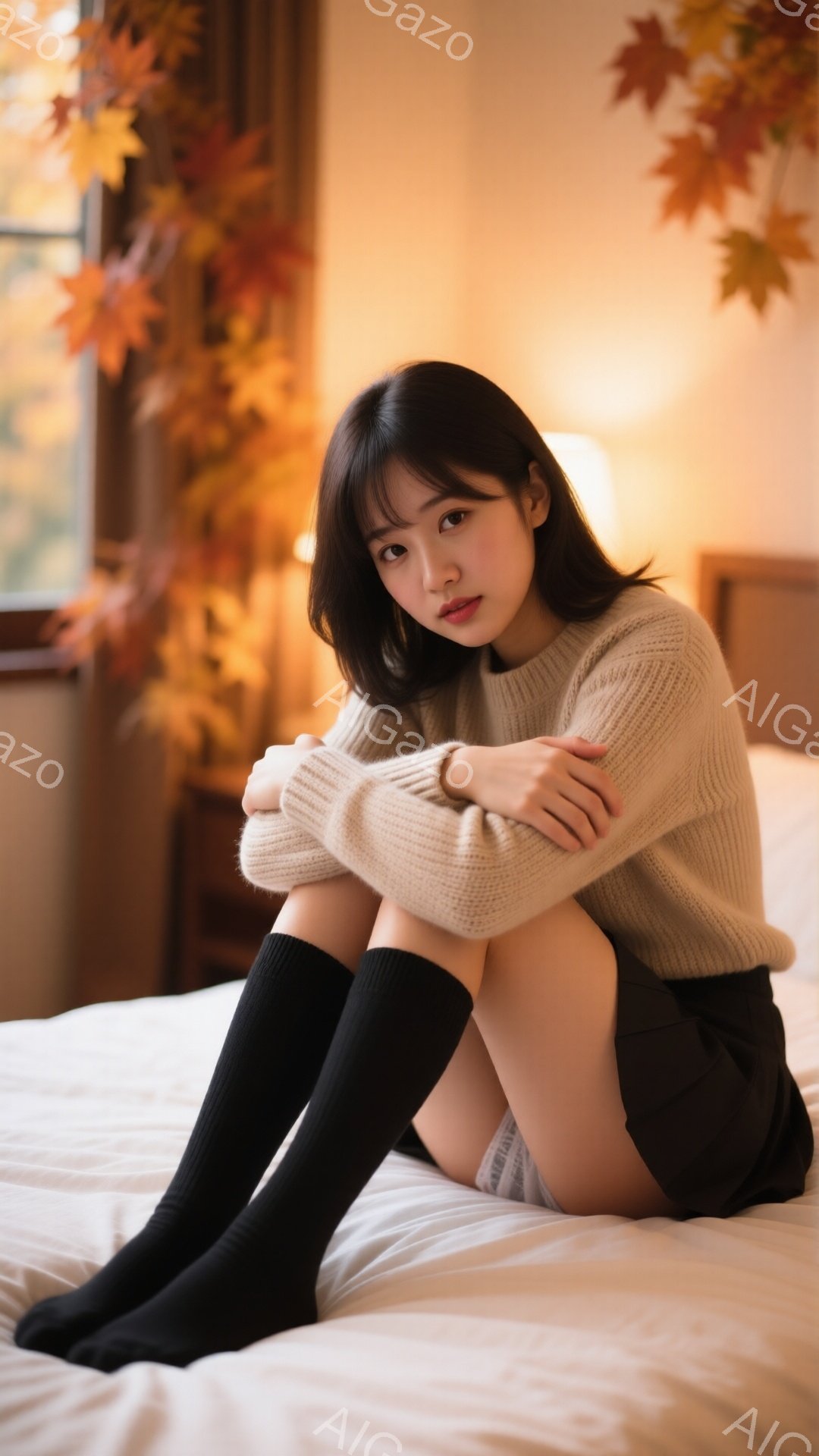 長い黒髪を肩にかかるように下ろし、前髪は眉毛にかかるように流している女性が、白いベッドに膝を抱えて座っている。ベージュのニットセーターと黒いソックスを着用し、控えめな表情でカメラを見つめている。背景に - AI生成フリー素材