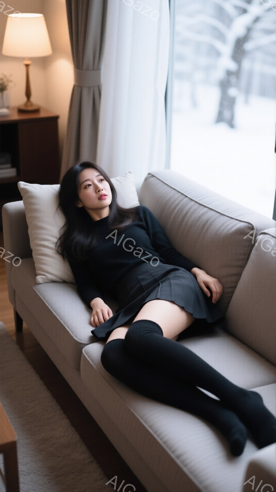 長い黒髪の女性が、ベージュのソファに横たわっている。黒いセーターとプリーツスカート、そして黒いニーハイソックスを身につけており、リラックスした姿勢でソファのクッションにもたれかかっている。背景には、雪景色が見える窓と、控えめなデザインの家具があり、全体的に穏やかで静かな雰囲気が漂っている。