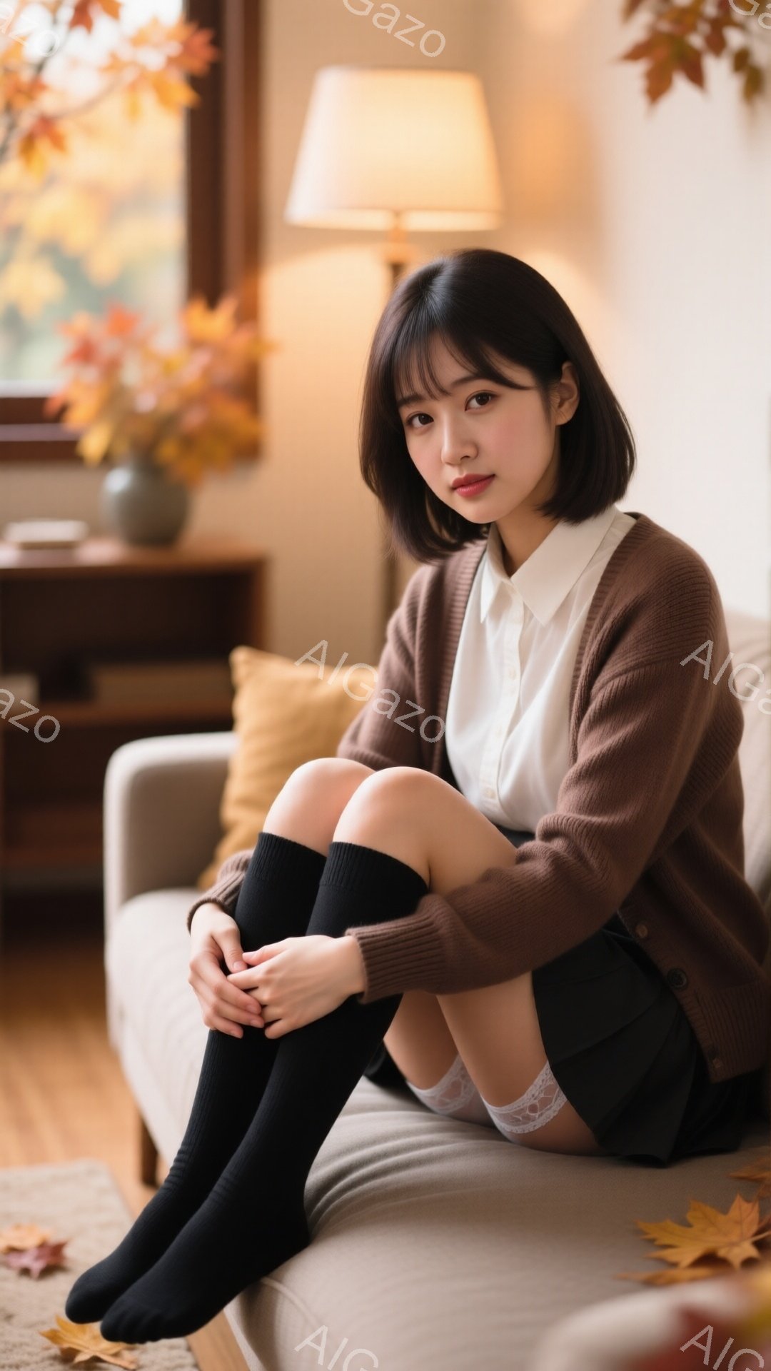 明るいリビングルームで、若い女性がソファに座って膝を抱えています。ベージュのカーディガンに白いシャツ、黒いニーハイソックスとレースのついた下着を着用し、茶色の前髪のあるショートヘアです。背景には窓、テ - AI生成フリー素材