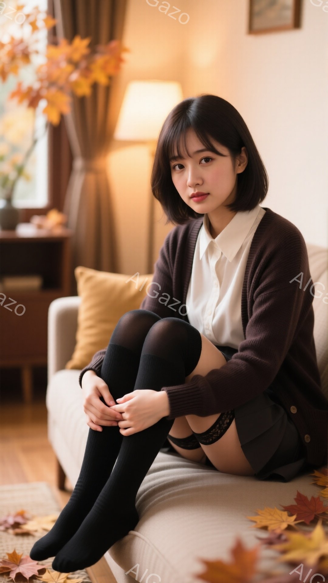 ショートカットの茶髪の女性が、クリーム色のソファに座り、膝を抱えています。白いシャツにダークブラウンのカーディガン、黒いニーハイソックスを着用し、少し憂いを帯びた表情を浮かべています。背景には、木製の - AI生成フリー素材