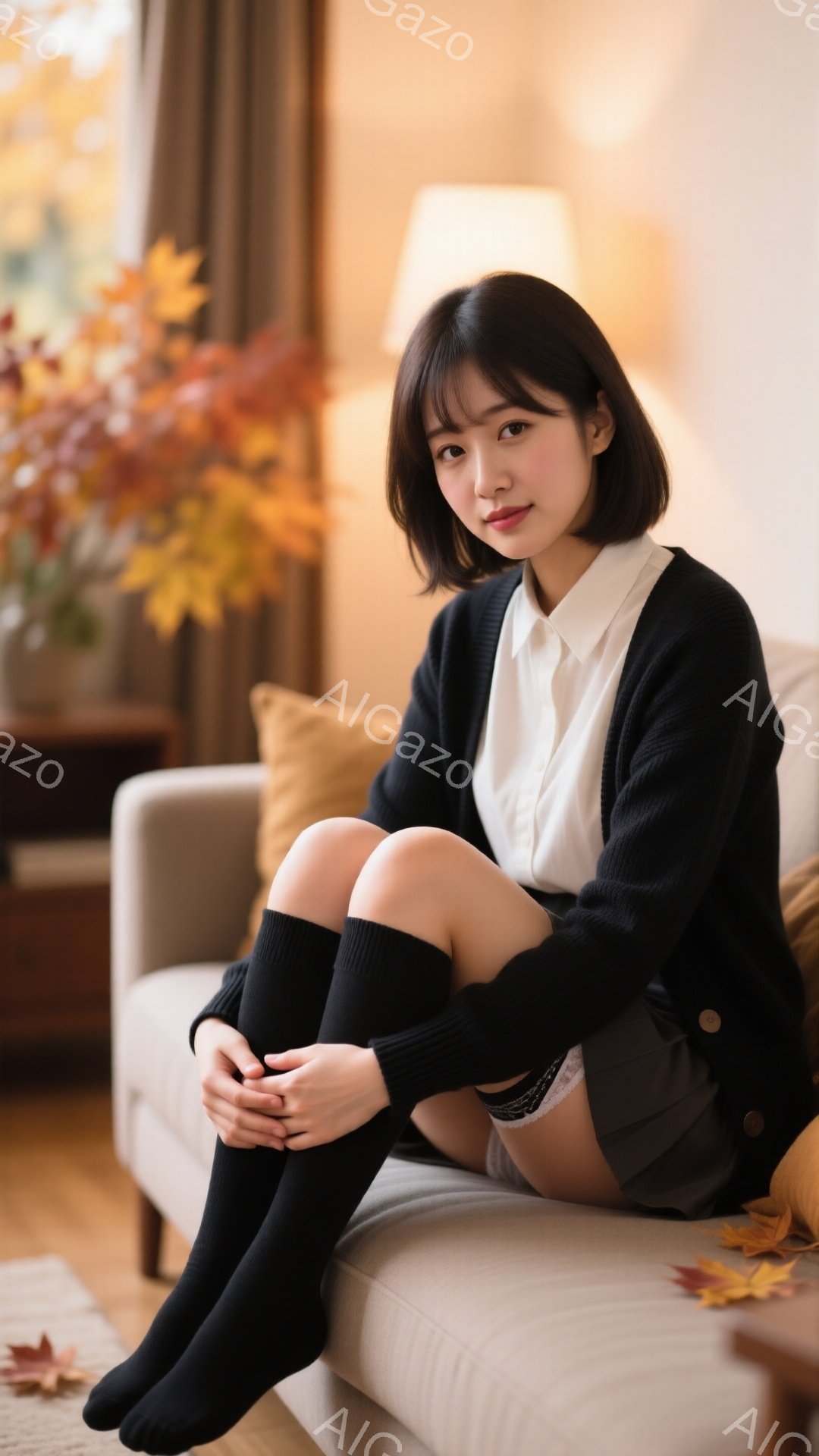 短い黒髪の女性が、オフホワイトのソファに座って膝を抱えています。白いシャツに黒のカーディガン、灰色のスカートと黒い膝丈ソックスを着用し、控えめな笑顔を浮かべています。背景には、オレンジや黄色の花が飾ら - AI生成フリー素材