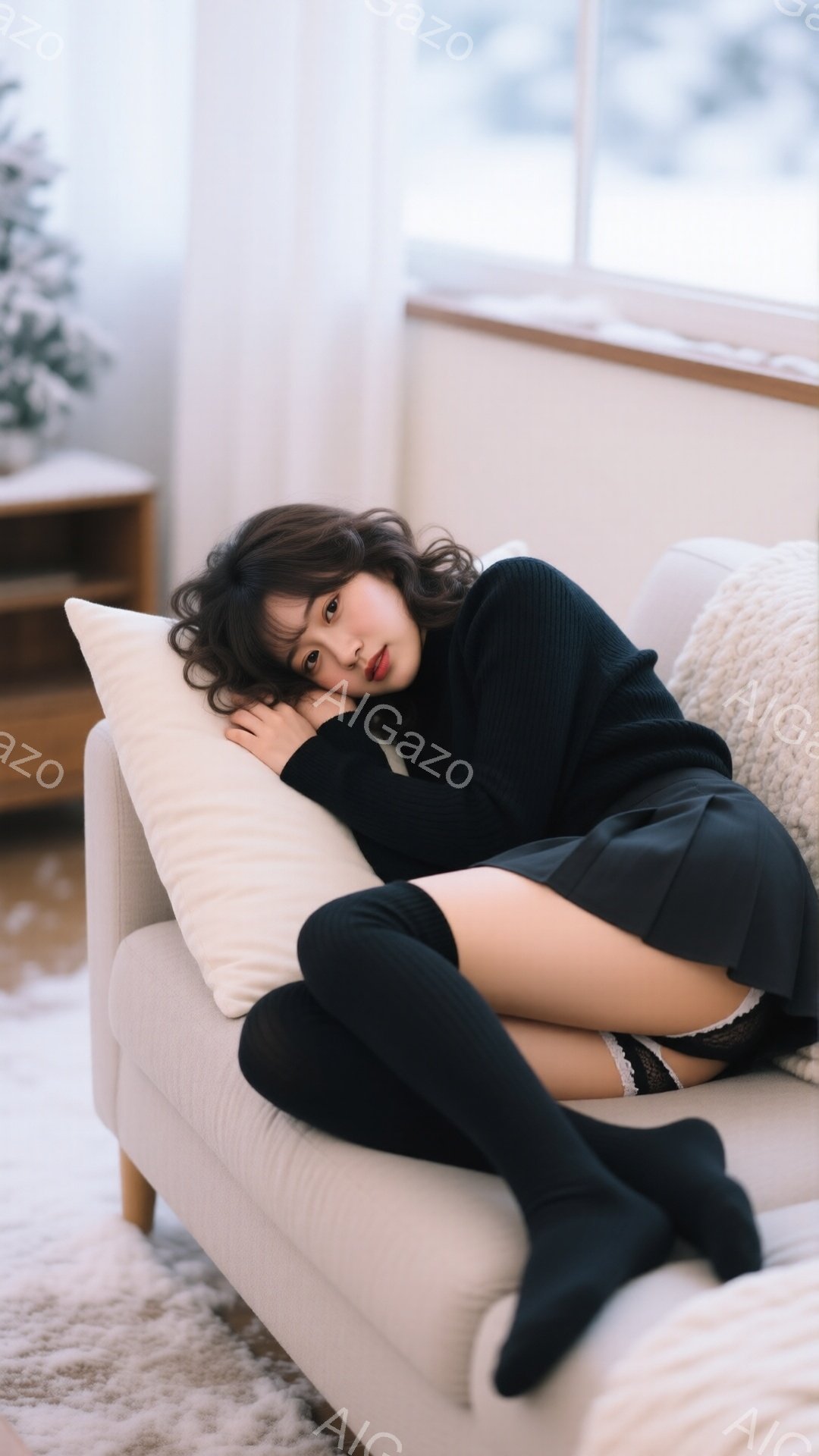 長い黒髪の女性が、明るいベージュ色のソファに横たわっている。黒いニットセーターとミニスカート、そして膝上までの黒いソックスを身に着けており、片手を頭の下に添えてリラックスした姿勢を見せている。背景には - AI生成フリー素材