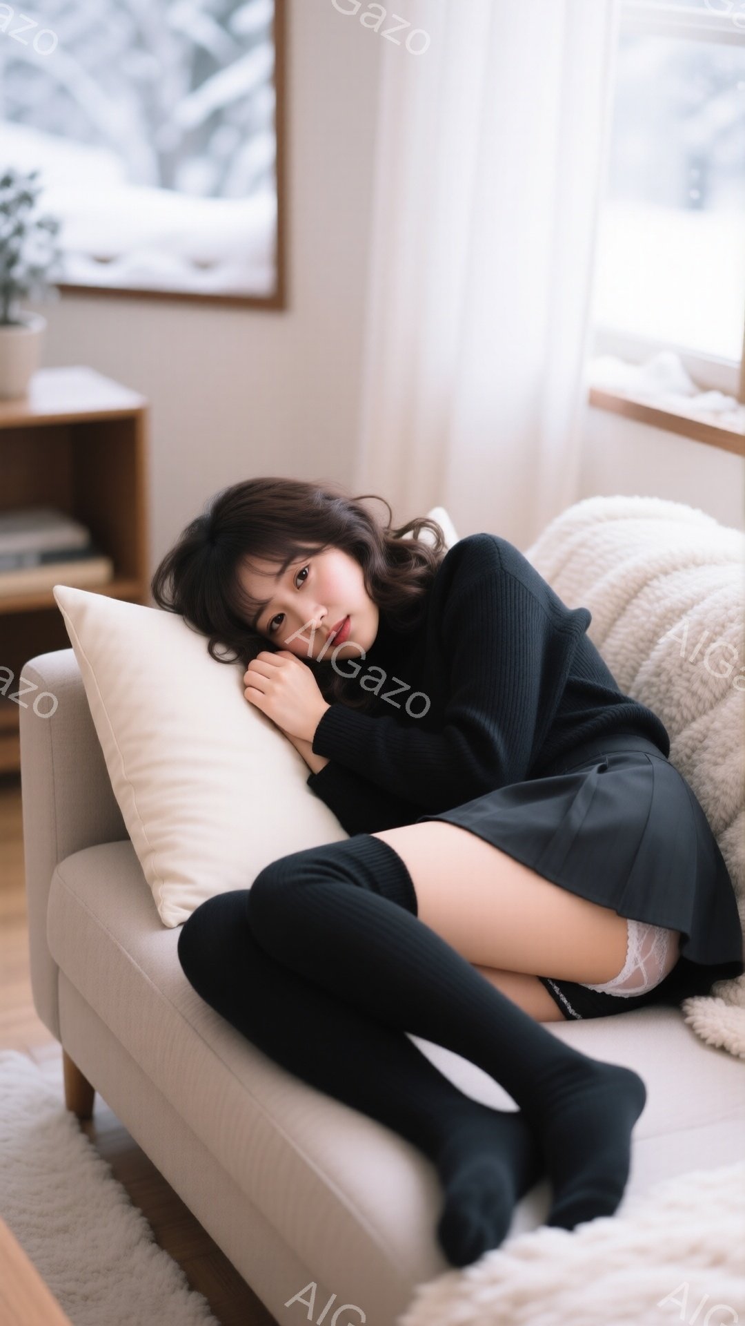 長い黒髪の女性が、明るいリビングルームのソファに横たわっています。黒のセーターとミニスカート、そしてニーハイソックスを着用し、片手を頬に当ててリラックスした表情を浮かべています。背景には木製の棚と雪景 - AI生成フリー素材