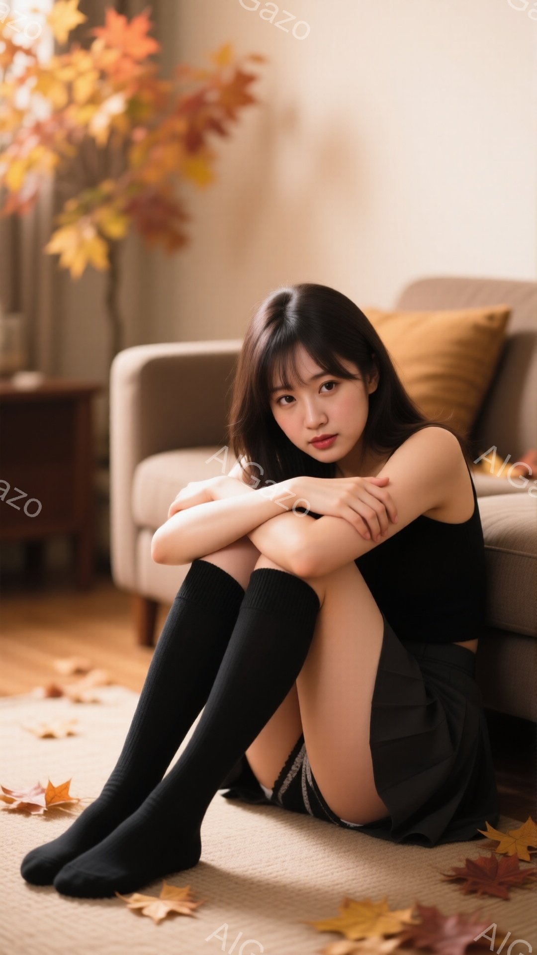 黒い膝丈ソックスとミニスカートを履いた若い女性が、床に座って膝を抱えています。彼女は黒いトップスを着ており、ダークブラウンの長い髪は肩にかかっています。背景にはベージュのソファと落ち葉があり、秋の暖かい雰囲気が漂っています。