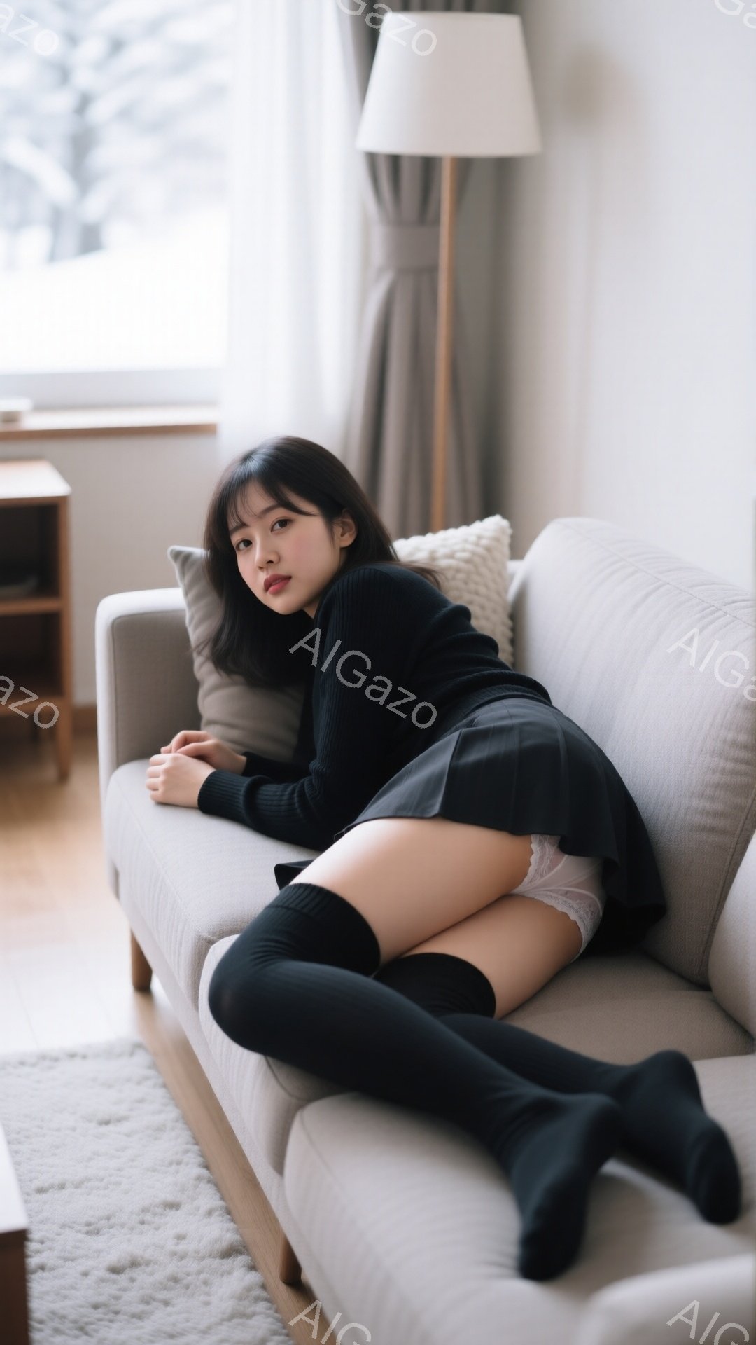 長い黒髪をセンターパートにした女性が、明るいリビングルームのソファに横たわっています。黒のセーターと白いレースの縁取りのショーツ、黒いニーハイソックスを着用し、挑発的な表情でカメラを見ています。背景には窓、フロアランプ、木製のキャビネットがあり、全体的にリラックスした、しかしセクシーな雰囲気を醸し出しています。