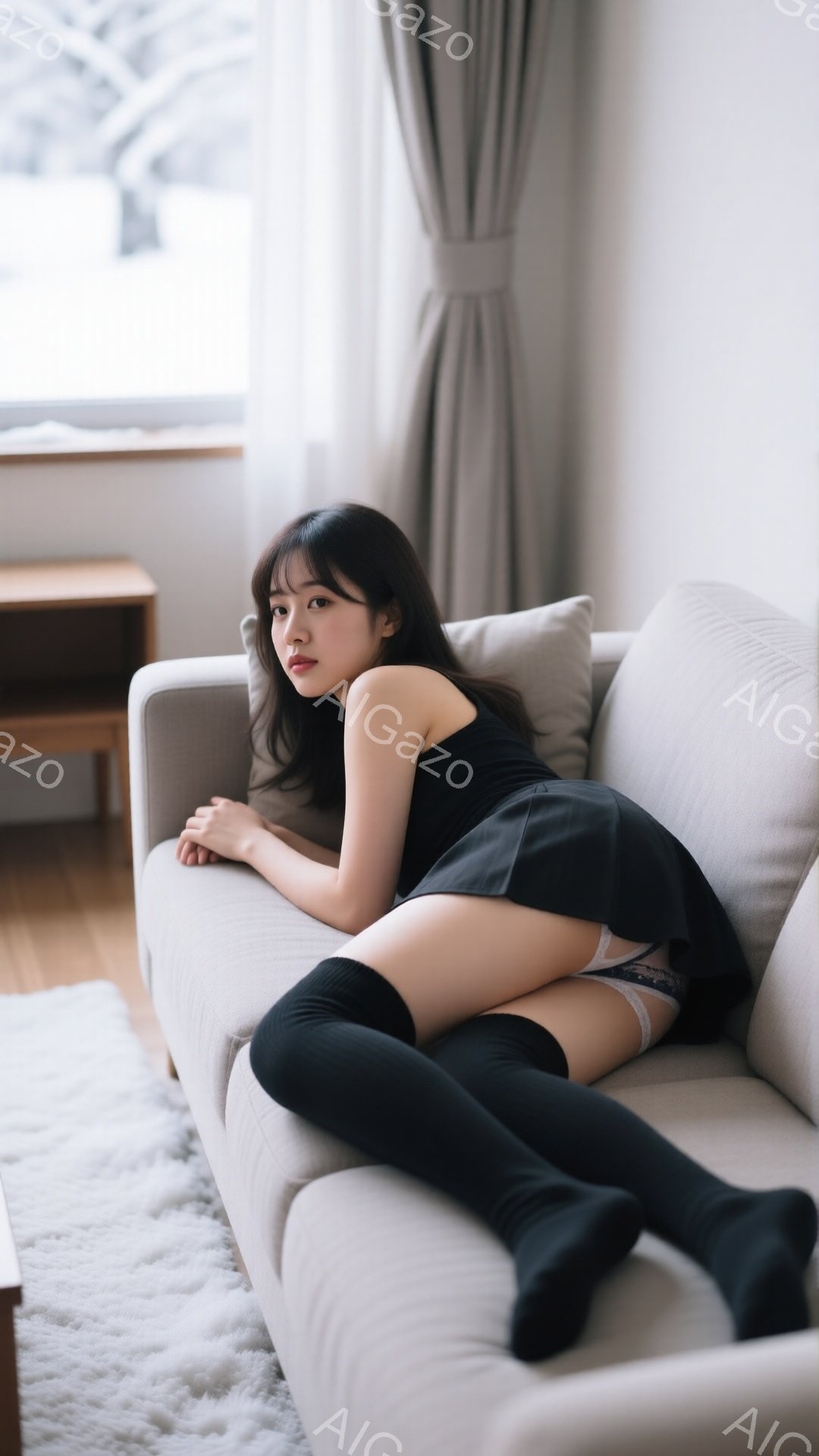 黒髪の女性がベージュ色のソファーに横たわっており、黒いオーバーニーソックスと短いスカートを着用しています。彼女はリラックスした姿勢で腕を胸の前で組み、わずかに口を開けてカメラを見つめています。背景には - AI生成フリー素材