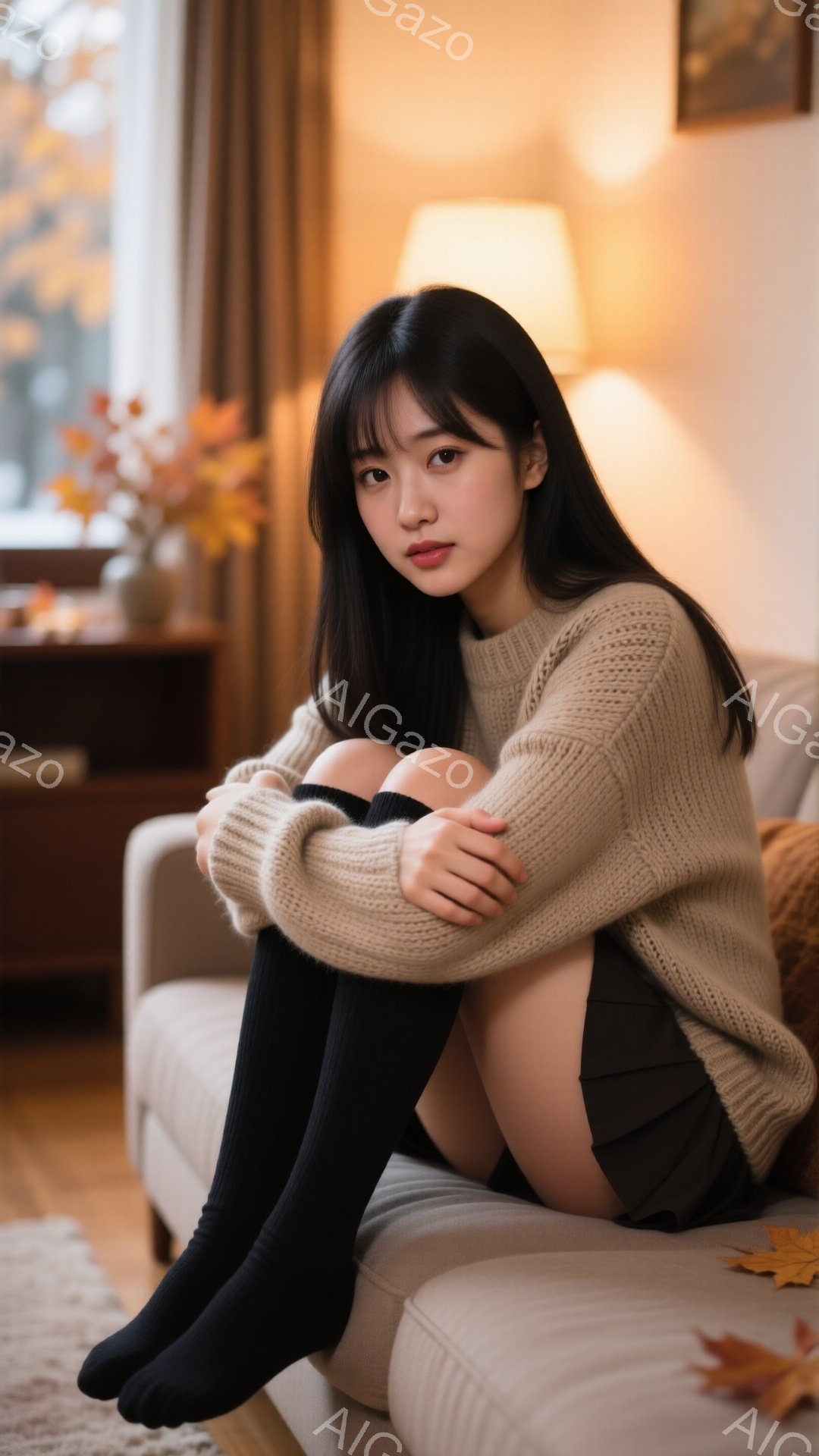 長い黒髪で、前髪は眉毛にかかるようにカットされた若い女性が描かれています。ベージュのざっくりとしたセーターと黒いスカート、そして黒いニーハイソックスを履き、両腕を抱えてソファに座り、少し憂いのある表情 - AI生成フリー素材