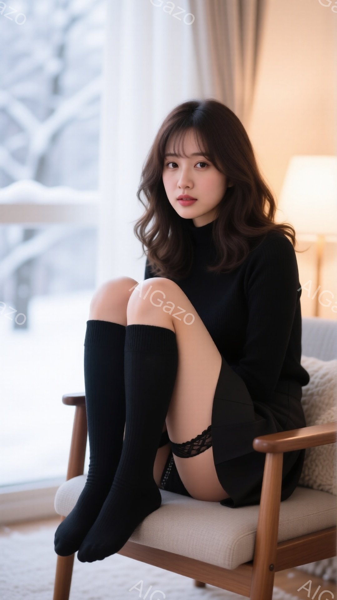 長い茶色の髪をした女性が、膝を曲げて椅子に座っています。黒いセーターとニーハイソックスを着用し、脚を組んで少し挑発的な表情をしています。背景には窓とぼやけた自然が見え、部屋全体が温かく、落ち着いた雰囲気です。