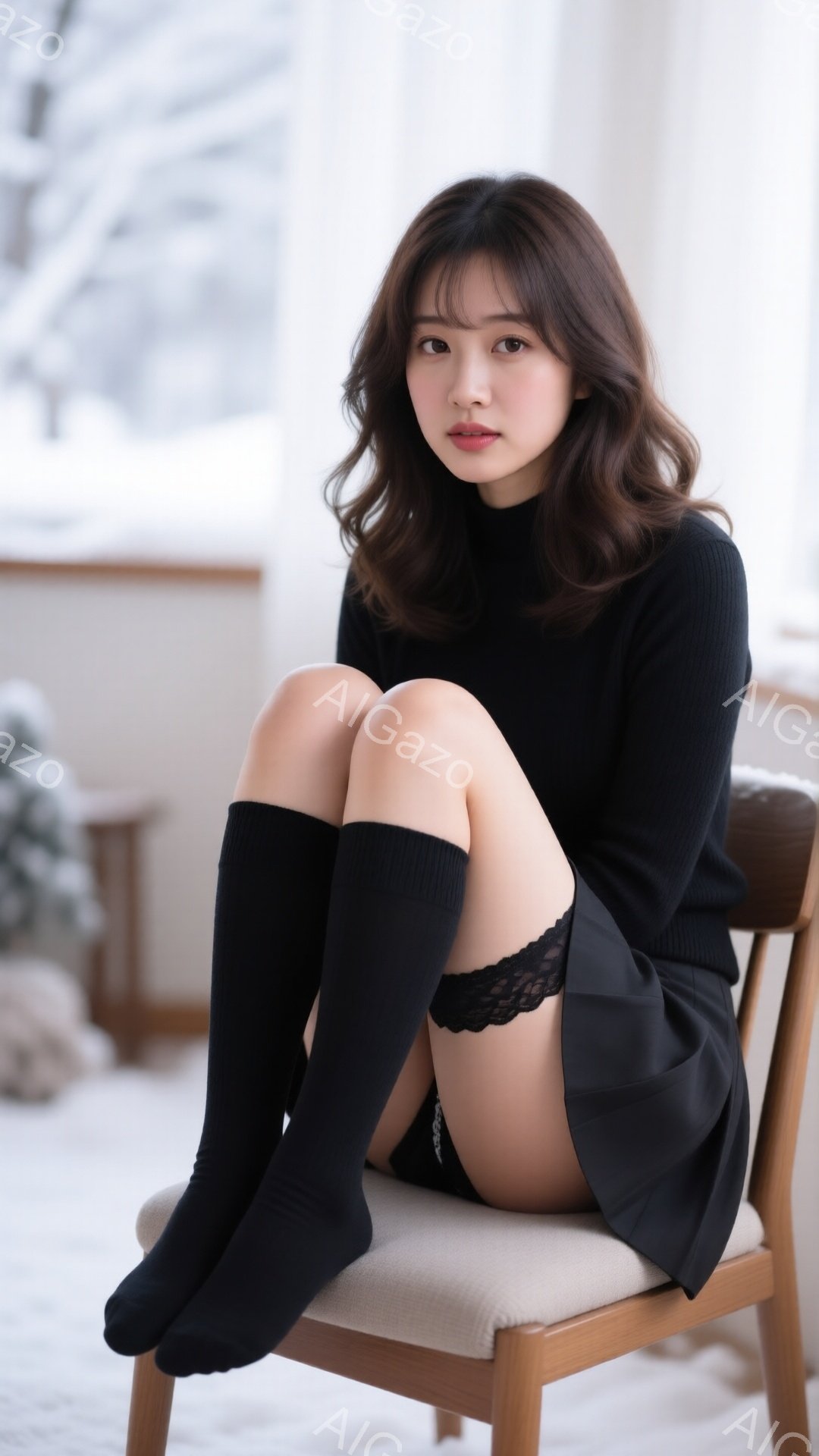 黒いタートルネックセーターとプリーツスカートを身につけた若い女性が椅子に座っています。彼女は膝を曲げて足を揃え、黒いニーハイソックスを履いています。背景にはぼやけた室内と窓から見える雪景色が見え、全体 - AI生成フリー素材