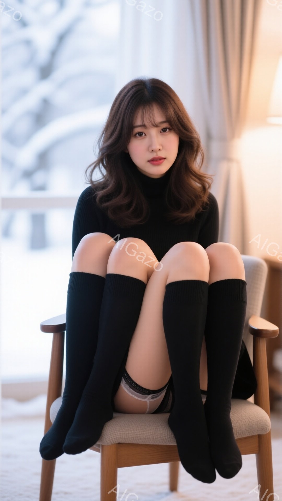 長い茶色の髪をふんわりとカールさせた若い女性が、膝を曲げて椅子に座っています。黒いタートルネックセーターと膝上ソックスを着用し、下着がわずかに覗いています。背景はぼやけていますが、窓と明るい室内であることから、暖かい雰囲気の部屋の中であることがわかります。