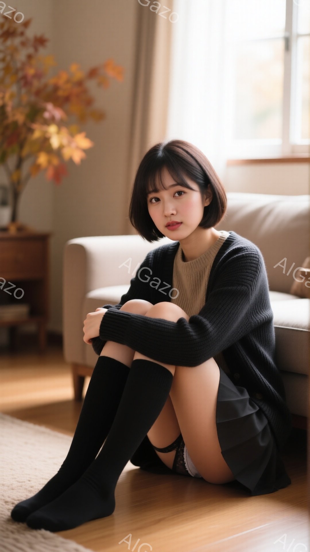 ショートヘアの女性が床に座り、膝を抱えています。黒いカーディガンとグレーのスカート、黒いハイソックスを着用しており、控えめな表情をしています。背景にはソファと木製のキャビネット、そして窓から差し込む自然光があり、全体的に落ち着いた温かい雰囲気です。