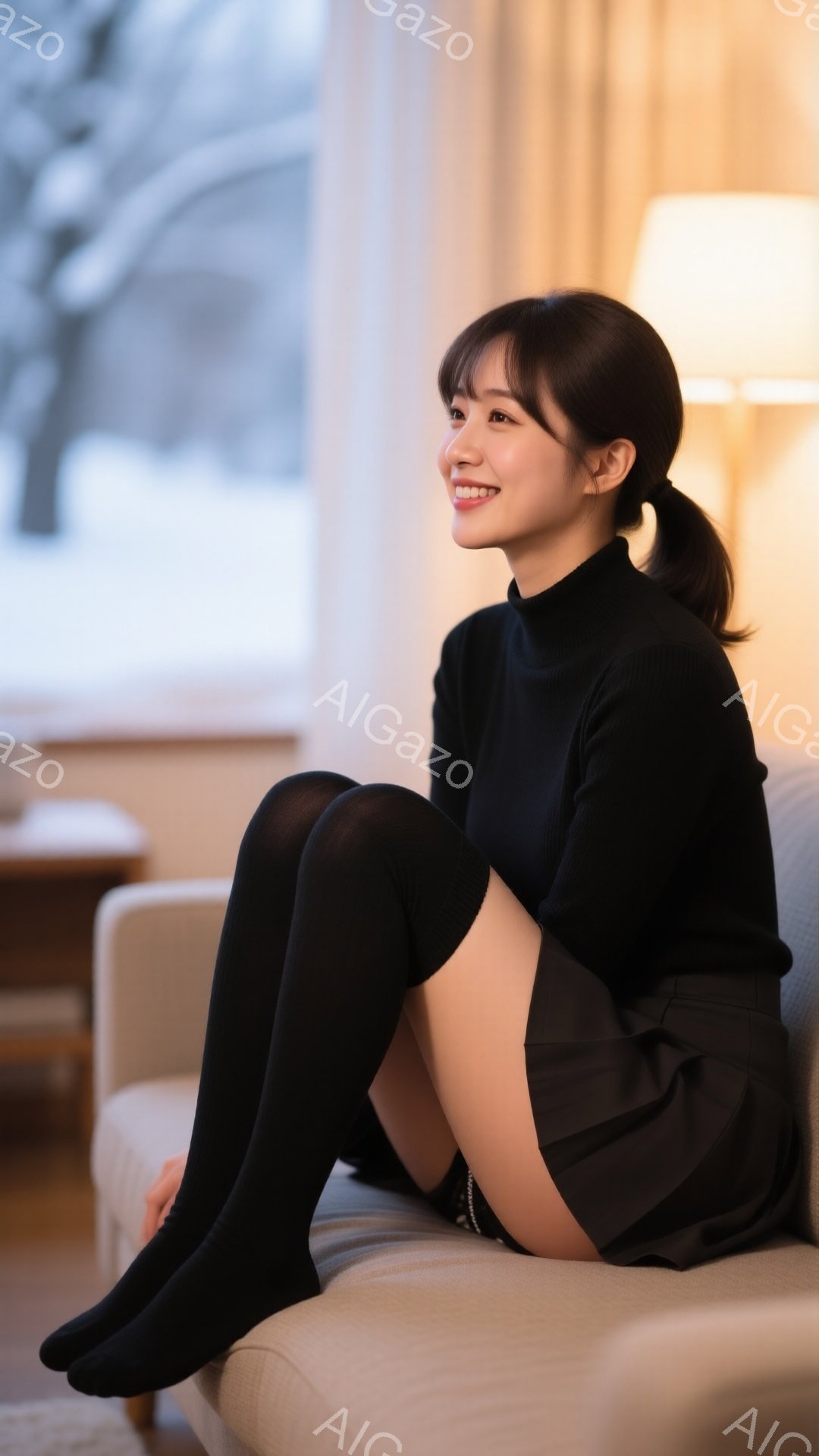 黒いタートルネックセーターとミニスカートを着用した女性が、クリーム色のソファに座っています。彼女は膝を曲げ、足を組んでおり、少し微笑んで、どこかを見つめています。背景には窓があり、雪景色が見え、暖かい - AI生成フリー素材