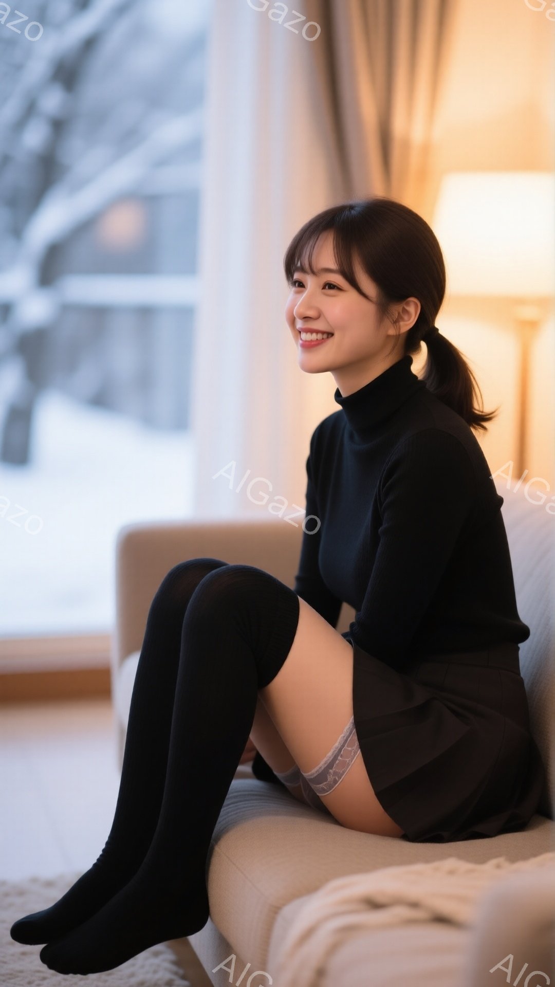 黒いタートルネックのセーターと短いスカートを着用した若い女性が、クリーム色のソファに座っています。彼女は片足をもう一方の膝に乗せ、少し微笑んでおり、リラックスした雰囲気です。窓の外には雪景色が見え、暖 - AI生成フリー素材