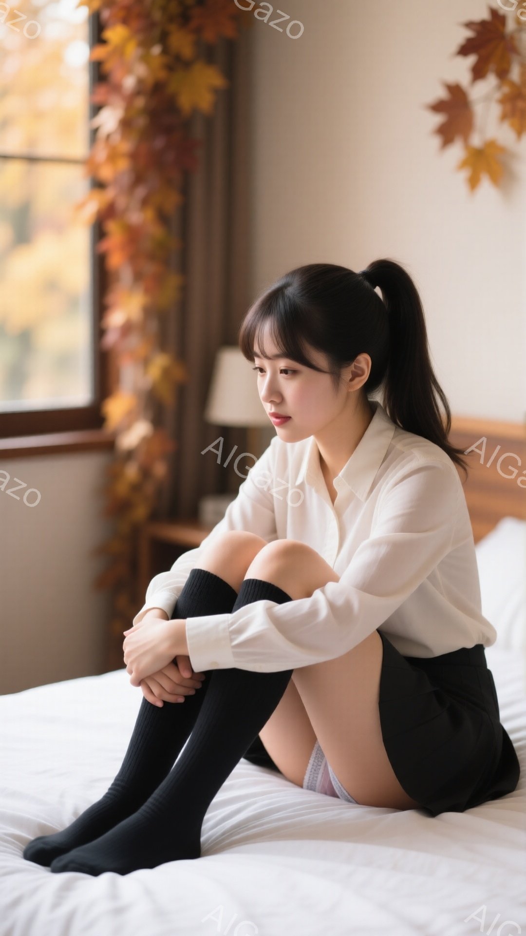 長い黒髪をポニーテールにし、白いシャツと黒いスカート、膝丈の黒いソックスを身に着けた若い女性が、白いベッドに膝を抱えて座っています。彼女の表情は少し憂いを帯びており、背景には紅葉した葉が飾られた窓と、ぼやけた家具が見えます。全体的に、物静かで内省的な雰囲気が漂っています。