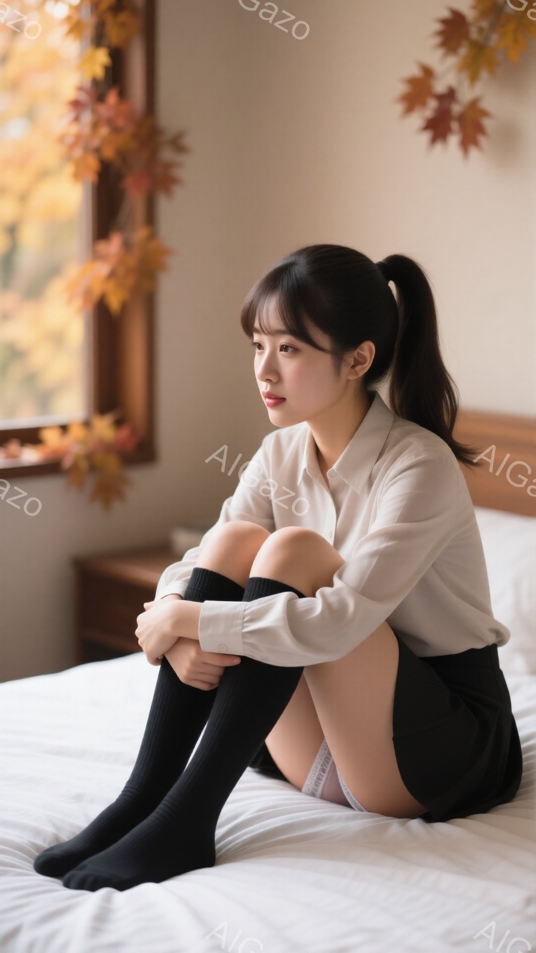彼女は白いシャツと黒いミニスカート、そして膝丈の黒い靴下を身につけてベッドに座っています。髪は後ろでポニーテールにまとめられ、顔は少し憂いを含んだ表情をしています。背景には暖色系の落ち葉が飾られた窓があり、秋の落ち着いた雰囲気を醸し出しています。