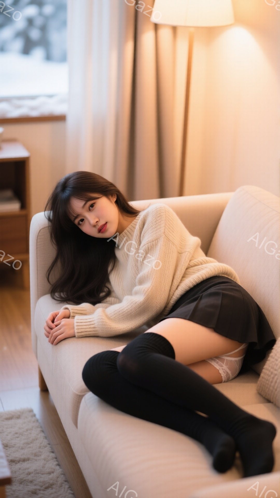 長い黒髪を無造作に垂らし、ベージュのオーバーサイズセーターと黒いニーハイソックスを身につけた女性が、クリーム色のソファに横たわっている。彼女は少し微笑み、カメラを見つめており、リラックスした雰囲気が漂 - AI生成フリー素材