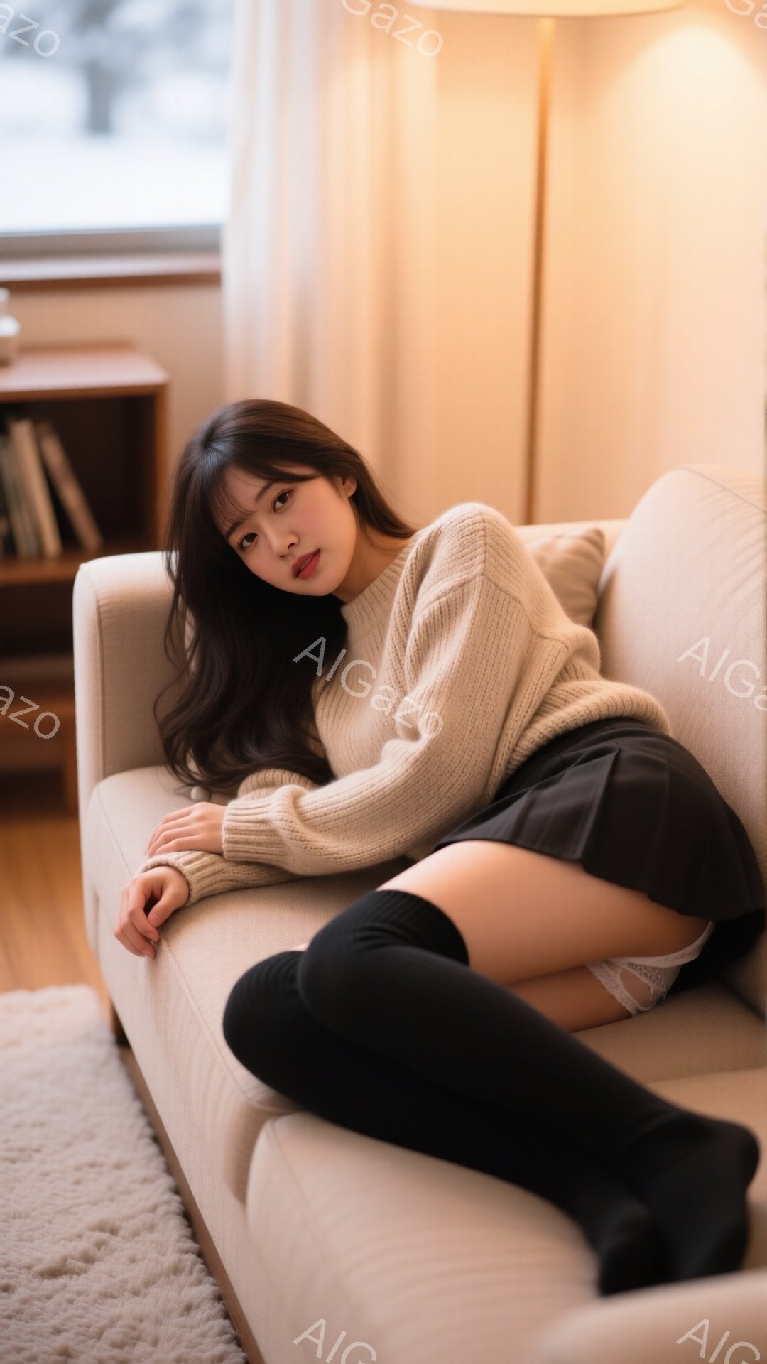 長い黒髪の女性がベージュ色のソファに横たわっています。オフホワイトのざっくりとしたセーターと黒いミニスカート、そして黒いニーハイソックスを着用しており、少し挑発的な表情をしています。背景には木製の棚と - AI生成フリー素材