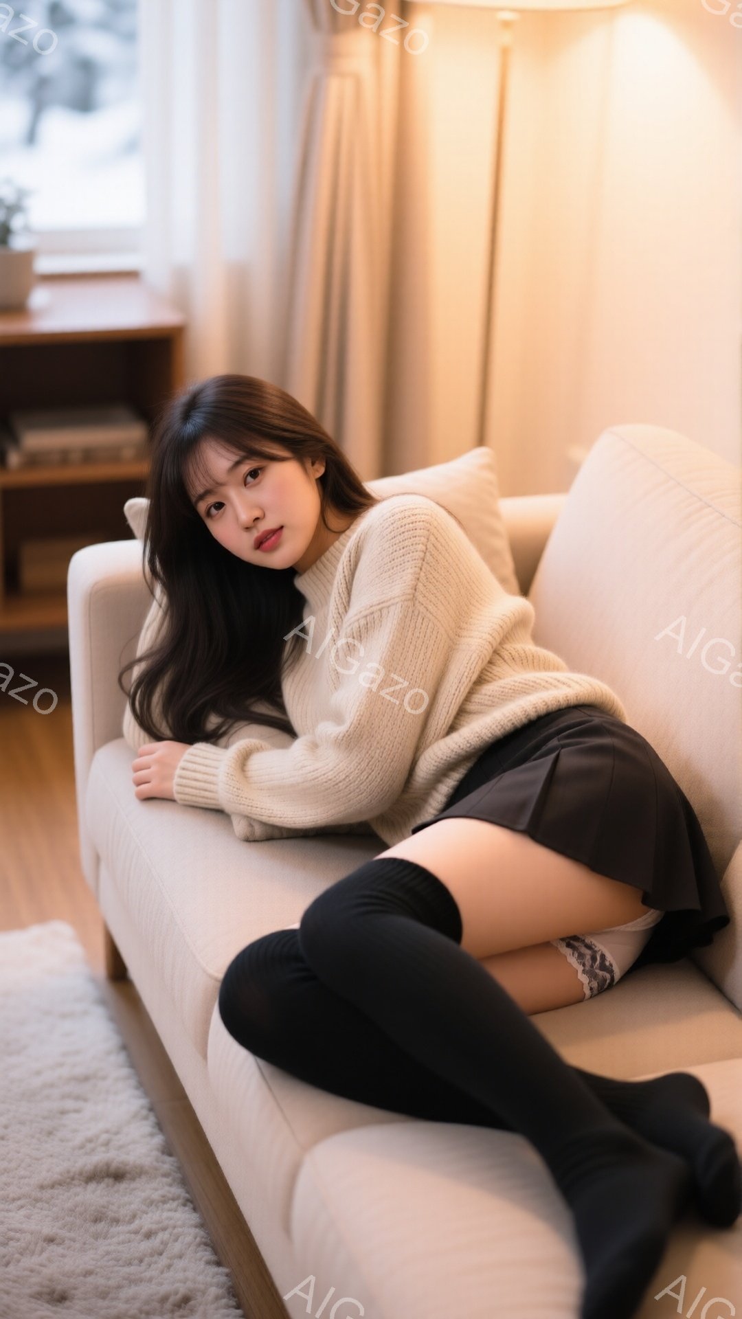 長い黒髪を無造作に垂らした若い女性が、ベージュのソファに横たわっています。オフホワイトのオーバーサイズセーターに黒いミニスカートとニーハイソックスを合わせ、白いレースのブリーフが覗いています。室内は暖 - AI生成フリー素材