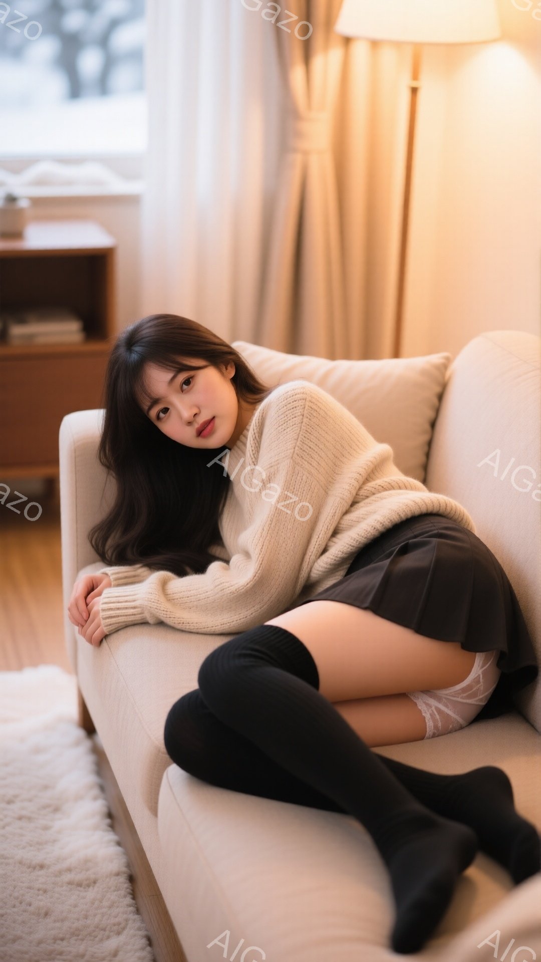 長い黒髪の女性が、ベージュのソファに横たわっています。オフホワイトのざっくりとしたニットセーターと、黒いニーハイソックスを履き、ミニスカートから白い下着が見えています。背景には、木製の棚と窓からの光が - AI生成フリー素材