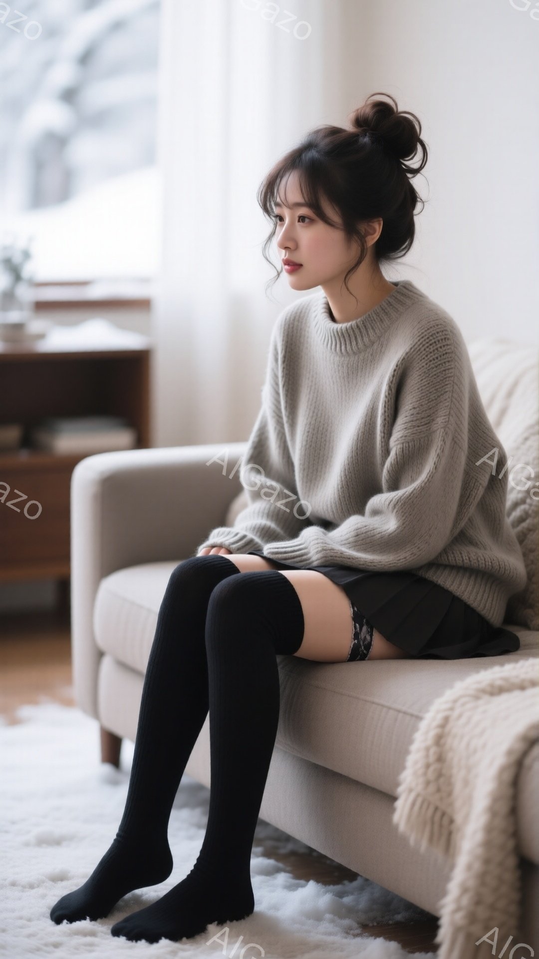 長い黒いソックスと短い黒いスカートを履いた女性が、ベージュ色のソファに座っています。彼女はオーバーサイズのセーターを着ており、髪は後ろで結ばれています。背景には白いカーペット、木製の家具、そして窓から - AI生成フリー素材