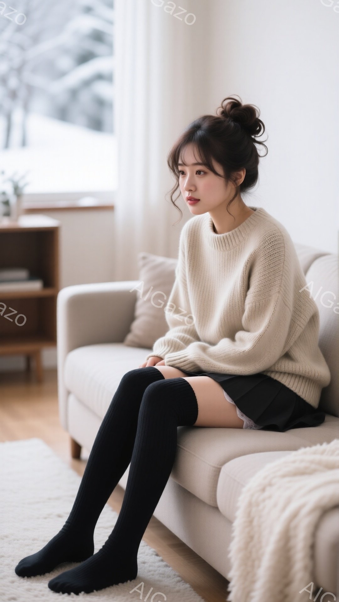 長い黒いソックスとミニスカートを履き、ベージュのオーバーサイズセーターを着た若い女性が、クリーム色のソファに座って少し横を向いています。彼女は髪を後ろでまとめ、憂いのある表情で何かを考えているようです - AI生成フリー素材