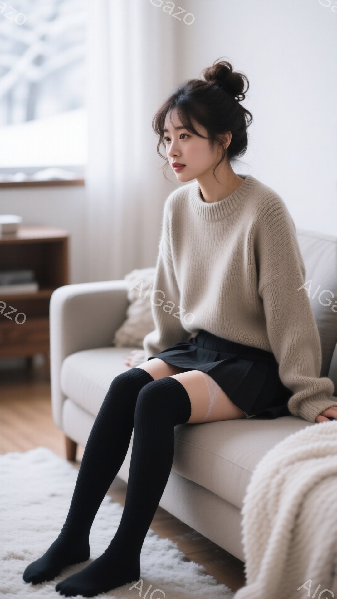 女性はベージュのゆったりとしたセーターと黒いニーハイソックスを履いて、明るいグレーのソファに座っています。彼女は髪を後ろでまとめ、横を向いて少し憂いのある表情をしています。背景には木製の棚と窓があり、室内は暖かく、落ち着いた雰囲気です。