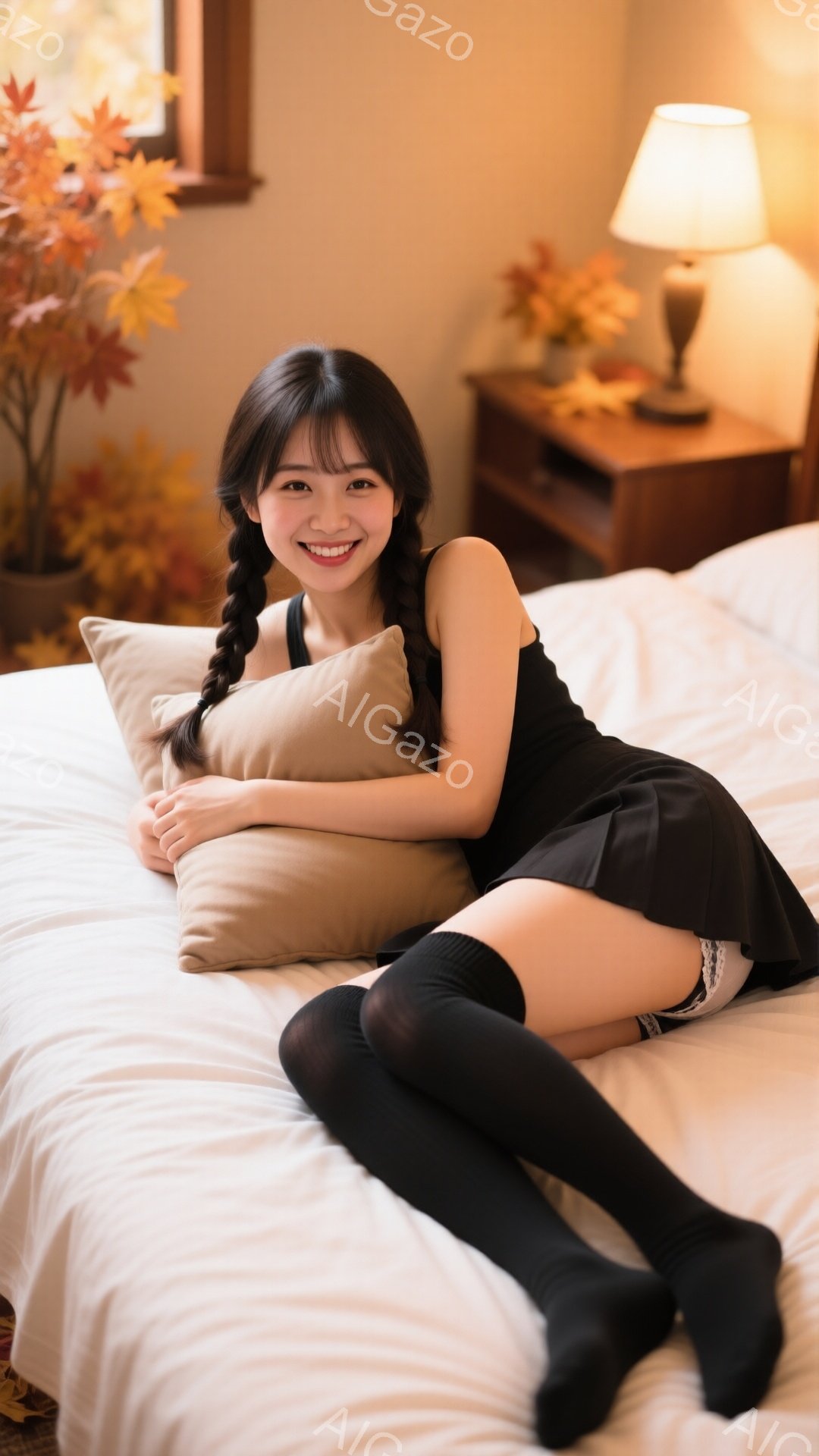若い女性がベッドに横たわり、ベージュ色の枕を抱えています。彼女は黒い膝丈ソックスと黒いミニスカート、黒いタンクトップを着ており、髪は二つに分けて編み込まれています。背景には、暖色のランプと、枯れ葉が飾 - AI生成フリー素材