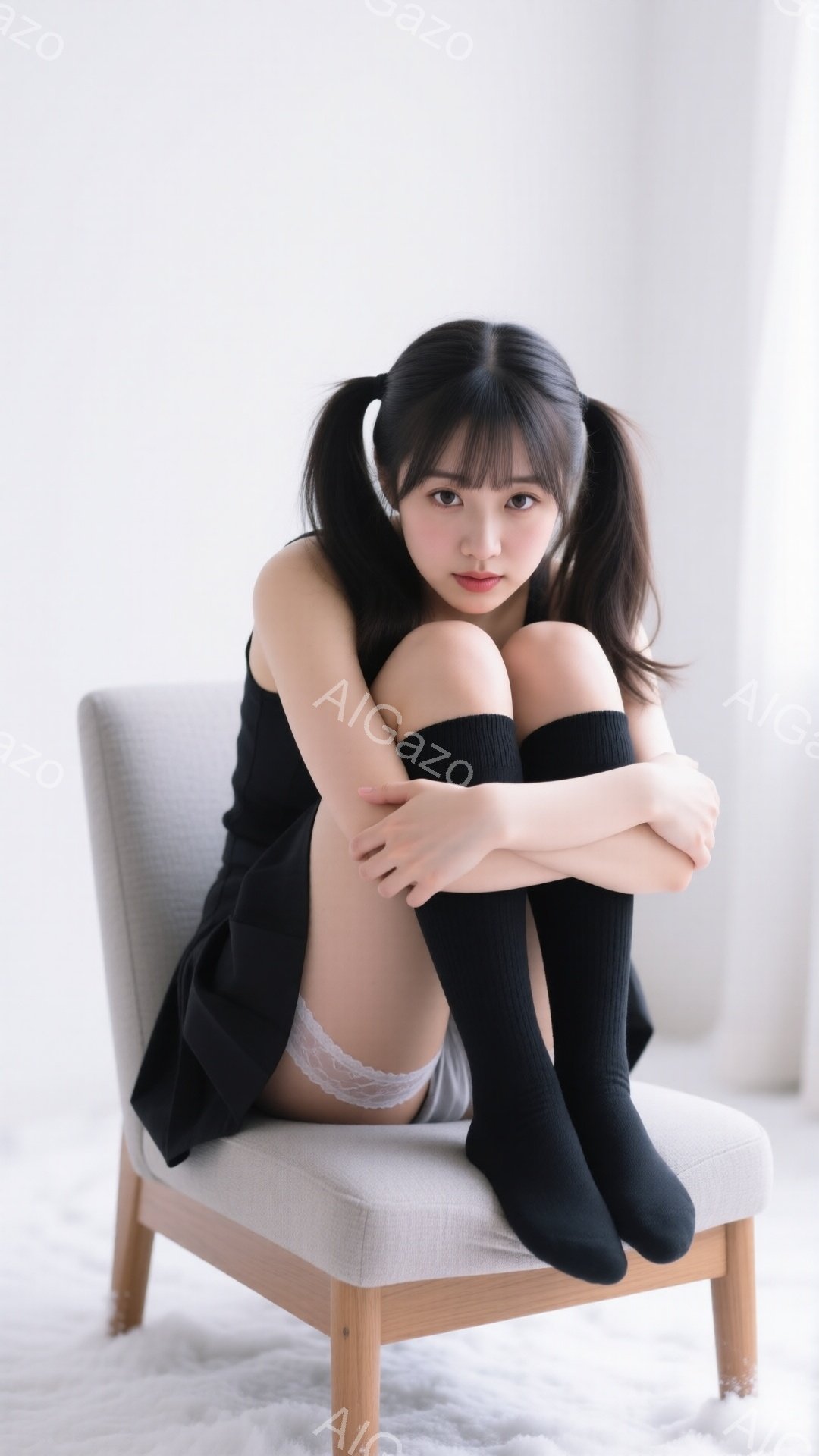 黒髪の女性が椅子に座り、膝を抱えています。彼女は黒いミニスカート、白いレースの縁のアンダーウェア、黒い膝上ソックスを着用しており、髪はツインテールに結ばれています。背景は白く、全体的に静かで穏やかな雰 - AI生成フリー素材