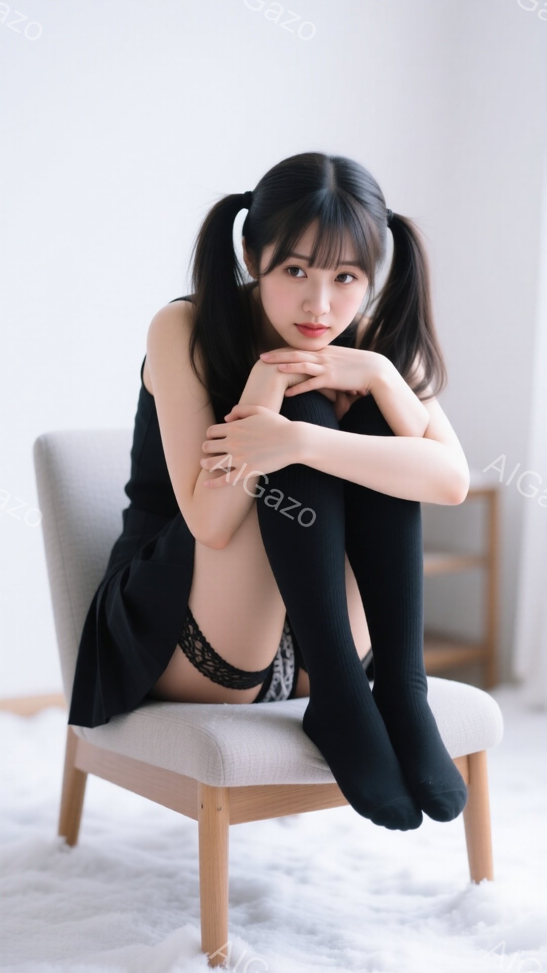 黒髪のツインテールに整った女性が、薄いグレーの椅子に座って膝を抱えています。黒いワンピースとニーハイソックスを着用し、控えめながらも魅力的な表情をしています。背景は白く、シンプルな室内で、全体的に静かで上品な雰囲気を醸し出しています。