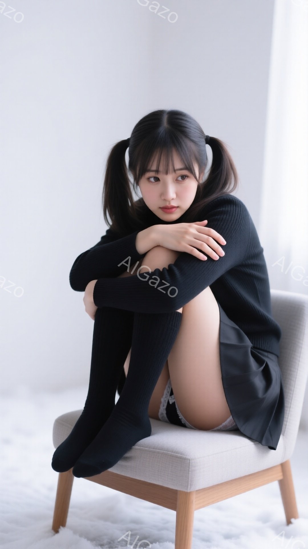 黒いニットセーターとミニスカート、そして膝丈の黒い靴下を身につけた女性が椅子に座っています。彼女は両腕を抱えて膝を曲げ、少し恥ずかしそうな表情をしています。背景は白く、全体的に柔らかく、落ち着いた雰囲 - AI生成フリー素材