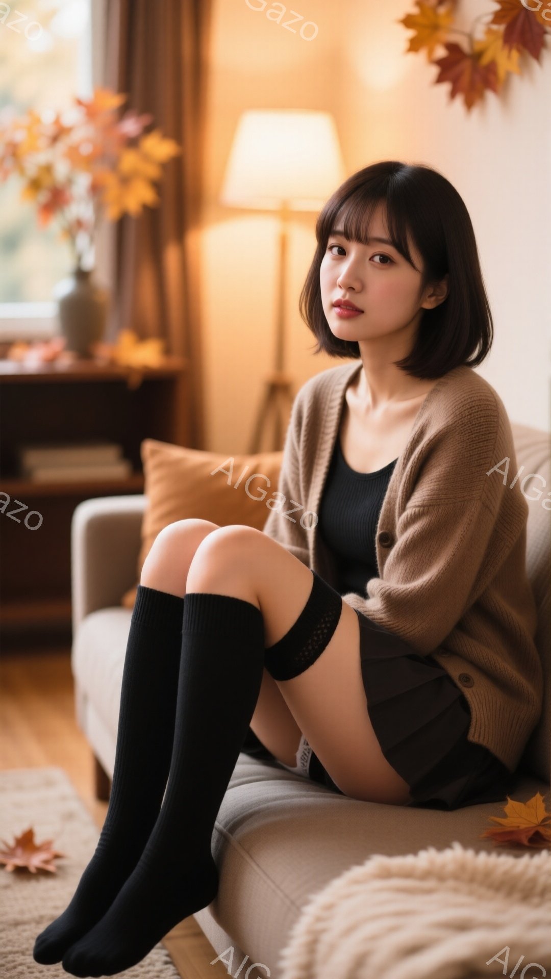 明るいリビングルームで、茶色のカーディガンを着て膝を抱えた若い女性が写っている。彼女は黒いニーハイソックスとスカートを履いており、前髪のあるダークブラウンのヘアスタイルで、控えめな表情をしている。背景 - AI生成フリー素材