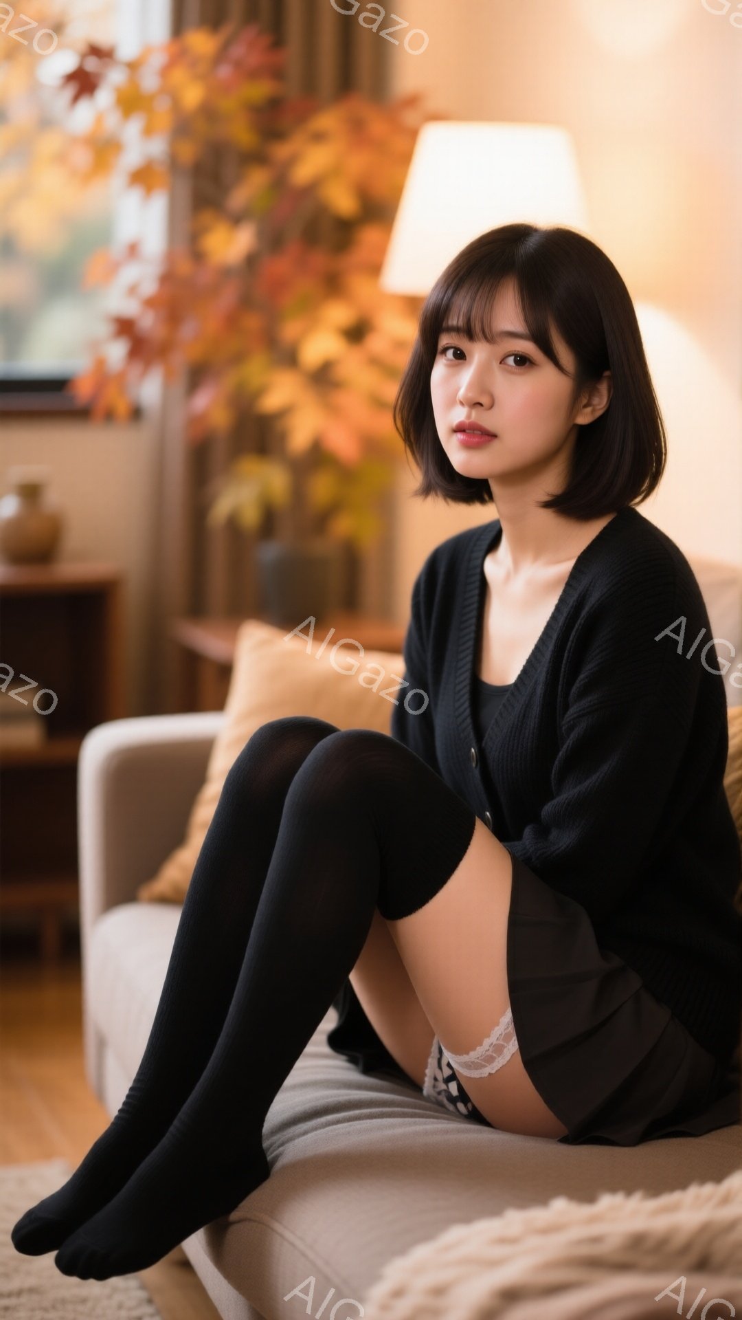 茶色の短い髪をした若い女性が、クリーム色のソファに座ってこちらを見ています。黒いカーディガンとグレーのスカート、そして黒いニーハイソックスを着用しており、脚を組んでいます。背景には木製の家具と、窓から見える紅葉の木々が見え、暖かく穏やかな雰囲気を醸し出しています。