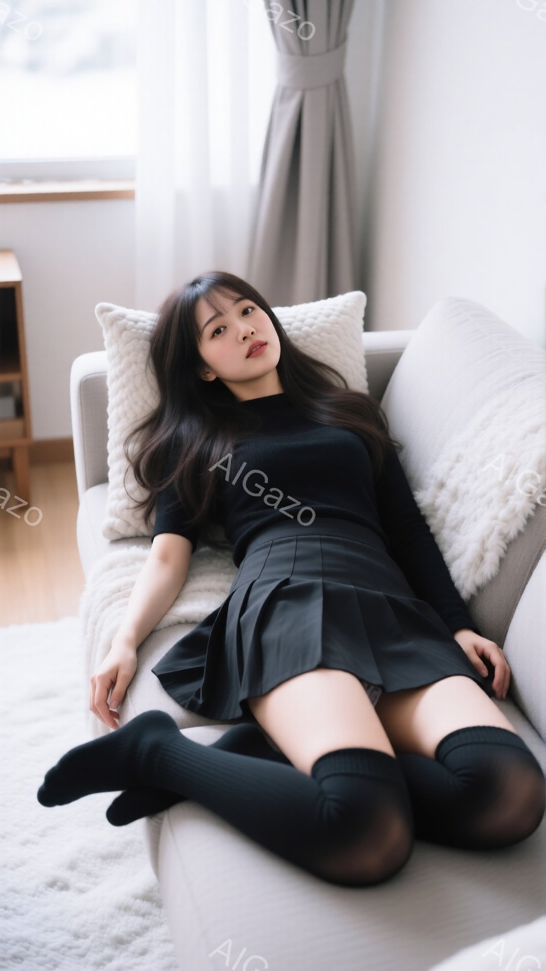 長い黒髪の女性が、明るいリビングルームのソファに横たわっています。黒のタートルネックセーターとプリーツスカート、膝上まである黒いソックスを着用し、リラックスしたポーズで、少し微笑んでいます。背景には白いラグとクッション、そして窓からの自然光が見え、穏やかで静かな雰囲気を醸し出しています。