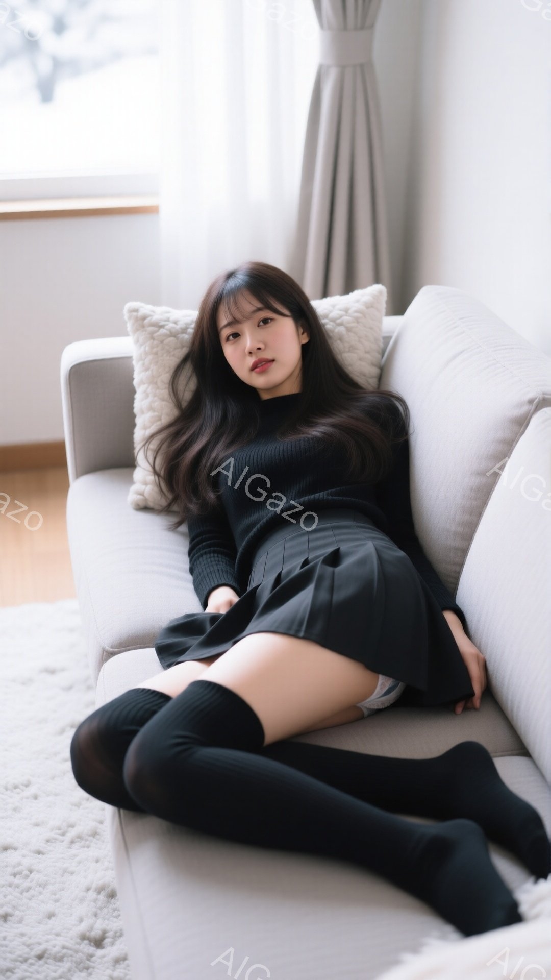 長い黒髪の女性が、グレーのソファーに横たわっています。黒の長袖セーターとプリーツスカート、そしてニーハイソックスを身に着けており、少し退屈そうな表情をしています。背景には窓と白いラグ、そして薄いグレー - AI生成フリー素材