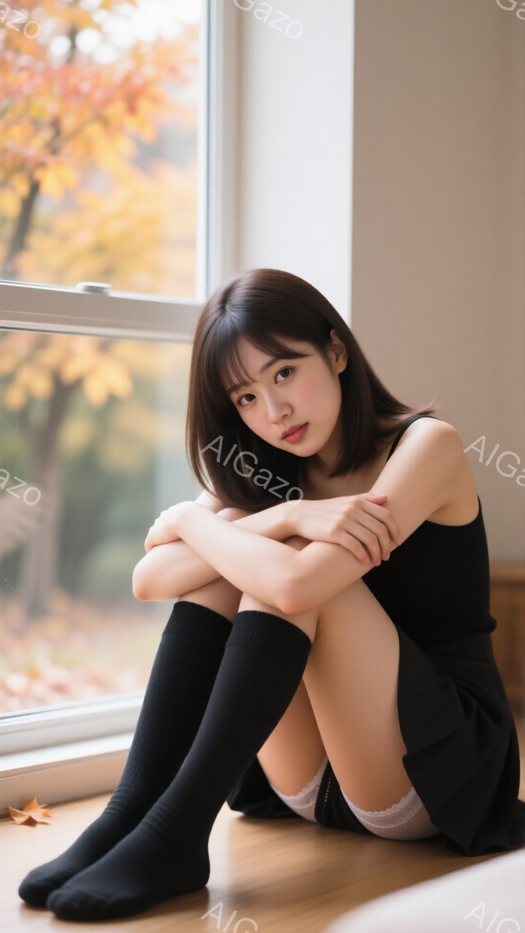 長いダークブラウンの髪を持つ若い女性が、窓のそばの床に座って膝を抱えています。彼女は黒いキャミソールと黒い膝上ソックス、白いレースの縁取りが施された下着を身に着けており、表情は穏やかで少し物憂げです。 - AI生成フリー素材