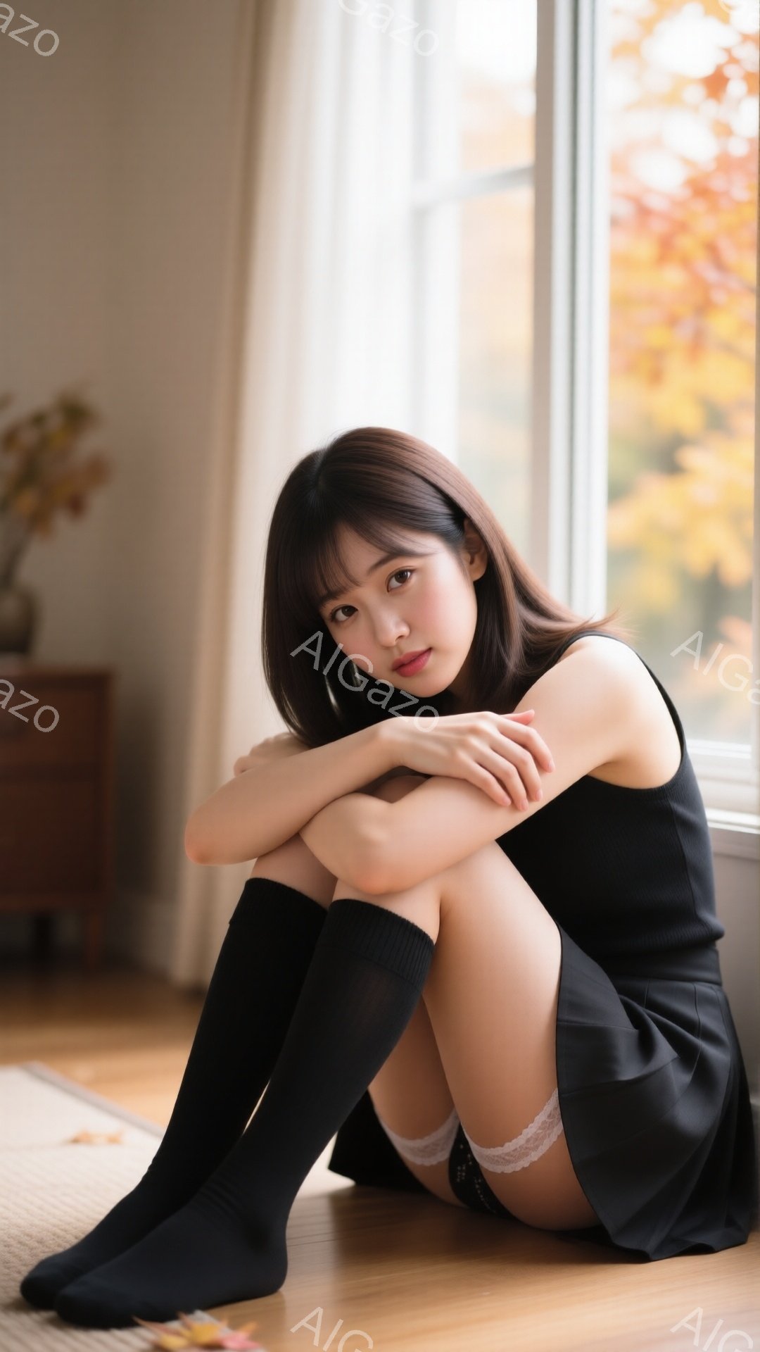 黒いワンピースと膝上丈の黒いソックスを着用した若い女性が、畳の床に座って膝を抱えています。彼女は暗い色の髪を肩までの長さで切り揃え、微笑んでいます。背景には木製の家具と窓から見える秋の紅葉が見え、温か - AI生成フリー素材