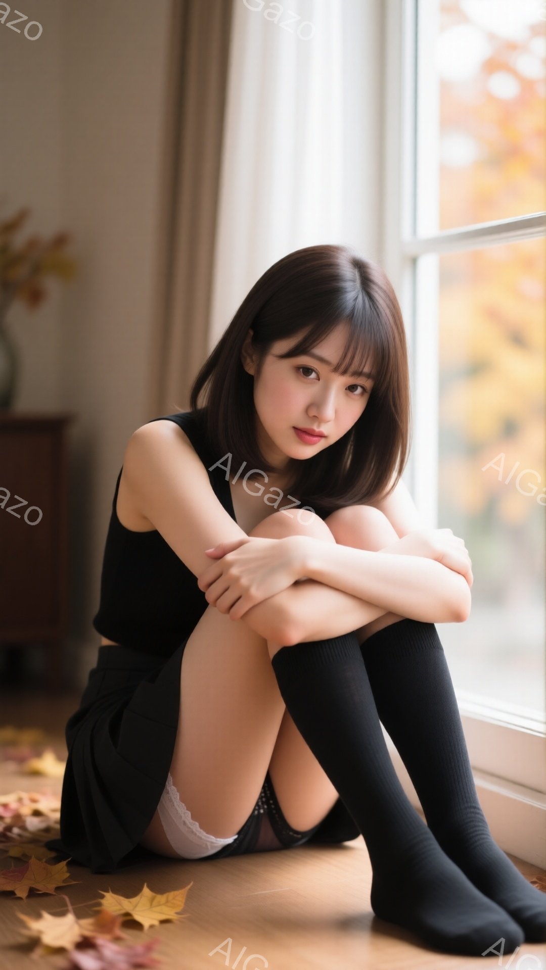 茶色の短い髪の女性が、窓辺の床に座って膝を抱えています。彼女は黒いタンクトップ、黒い膝丈ソックス、黒いミニスカートを着ており、表情は少し憂いを帯びています。窓の外には秋の紅葉が見え、床には落ち葉が散らばり、温かさと静寂な雰囲気を醸し出しています。