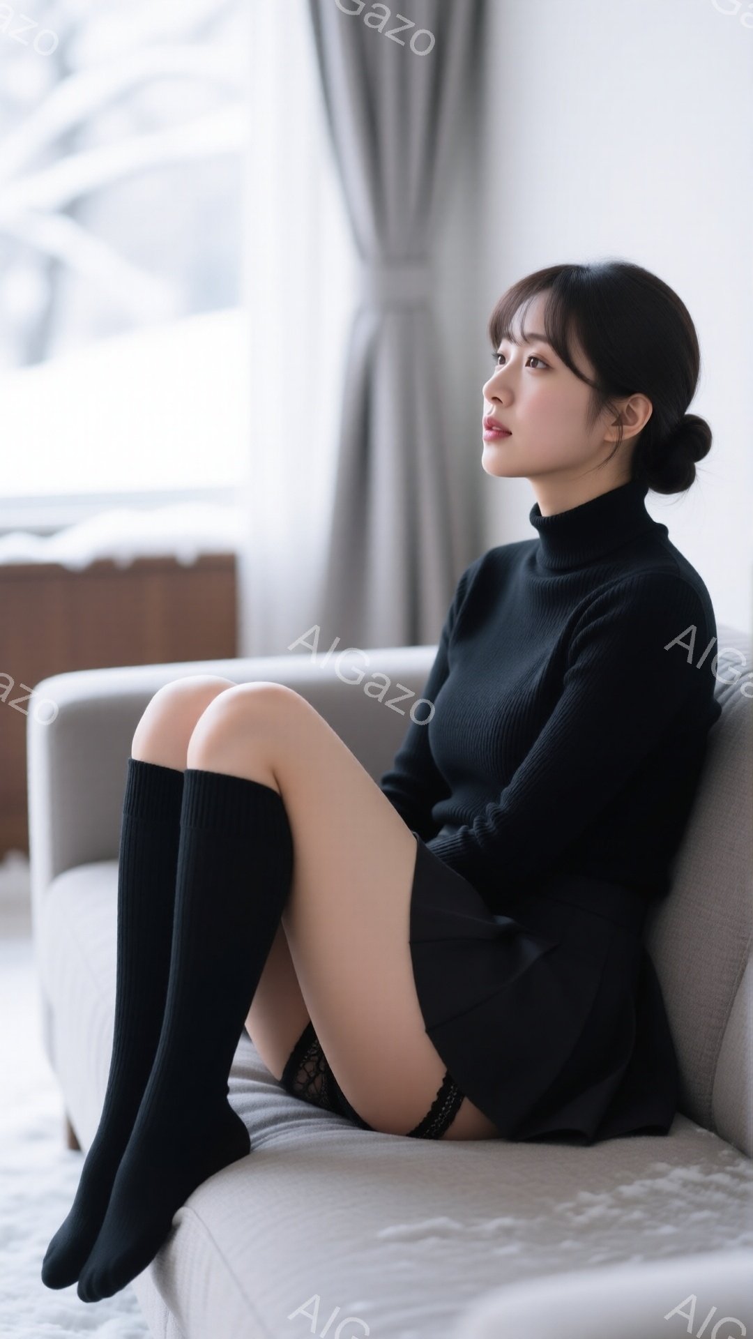 長い黒髪を後ろでまとめ、黒いタートルネックセーターとミニスカートを着用した女性が、膝を抱えてソファーに座っている。窓の外には雪景色が広がり、室内は穏やかで静かな雰囲気が漂っている。彼女は少し憂いを帯びた表情で遠くを見つめている。
