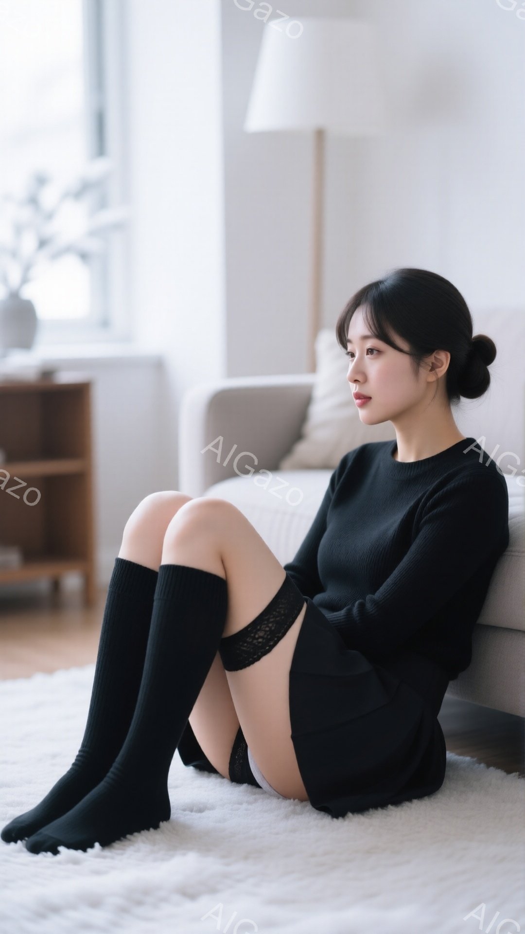 黒いニットセーターと短い黒いスカートを着用した女性が、白い毛皮のようなラグの上に座っています。彼女は膝を抱え、少し横を向いて、憂鬱そうな表情をしています。背景には明るい室内、木製の棚、そして控えめな照明があり、全体的に落ち着いた雰囲気を醸し出しています。