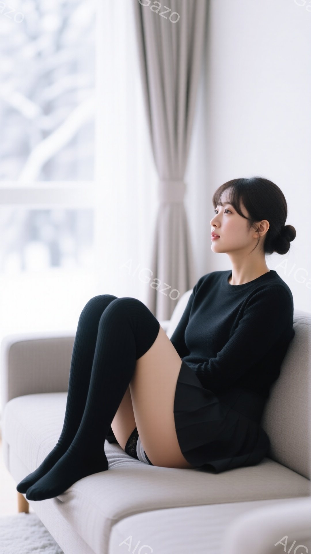 黒いセーターとミニスカートを身に着けた女性が、膝上まである黒いソックスを履き、ベージュ色のソファに座っています。彼女は横を向いて遠くを見つめており、表情は穏やかで少し物憂げです。背景は明るい室内で、ぼ - AI生成フリー素材