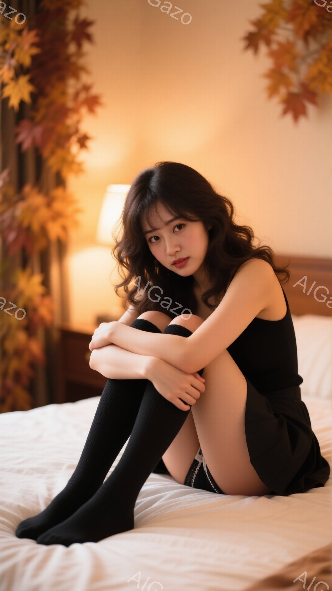 長いダークブラウンのウェーブヘアの女性が、膝を抱えて白いベッドに座っています。黒いキャミソールとミニスカート、そして膝丈の黒いソックスを履いており、少し憂いを帯びた表情をしています。背景にはぼやけた間接照明と、オレンジ色の葉が飾られた空間があり、温かく、少し物憂げな雰囲気を醸し出しています。
