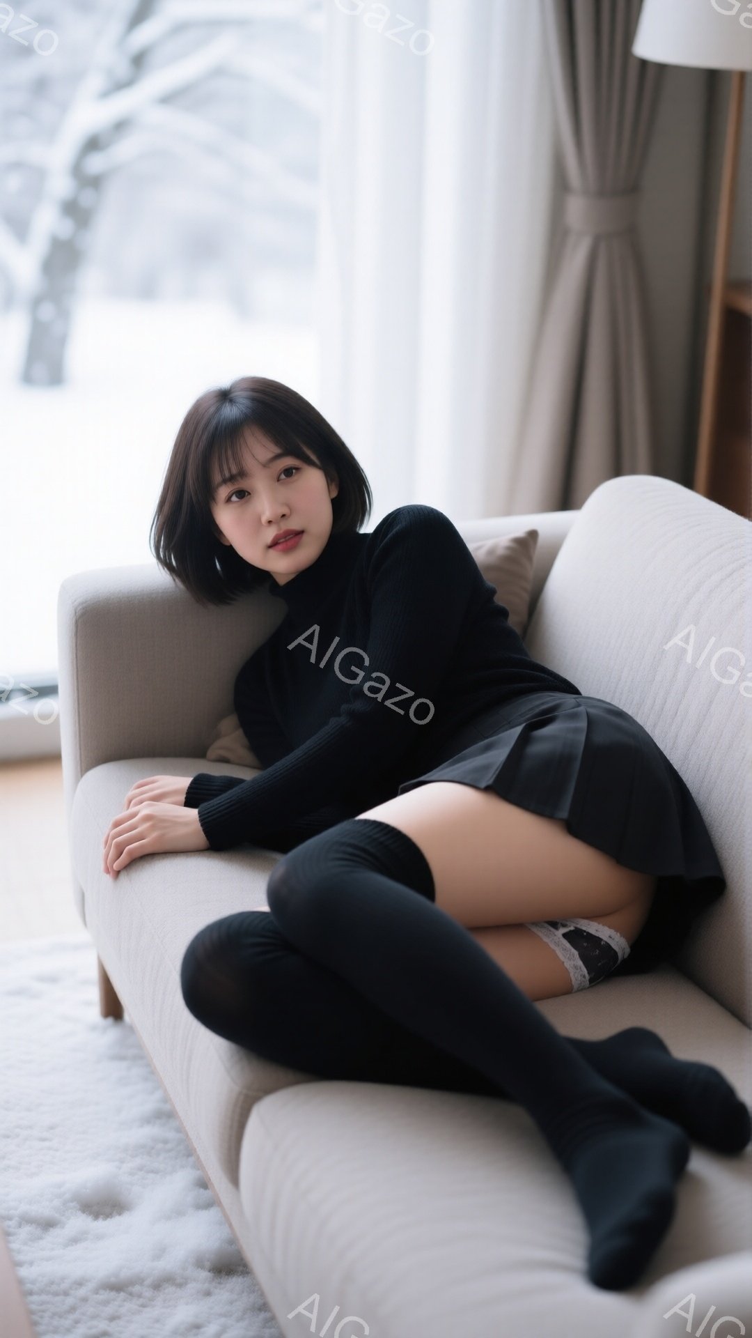 黒髪のショートヘアの女性が、ベージュ色のソファに横たわっている。黒のタートルネックセーターとミニスカート、そして黒いニーハイソックスを着用しており、やや挑発的な表情でカメラを見つめている。背景には窓か - AI生成フリー素材