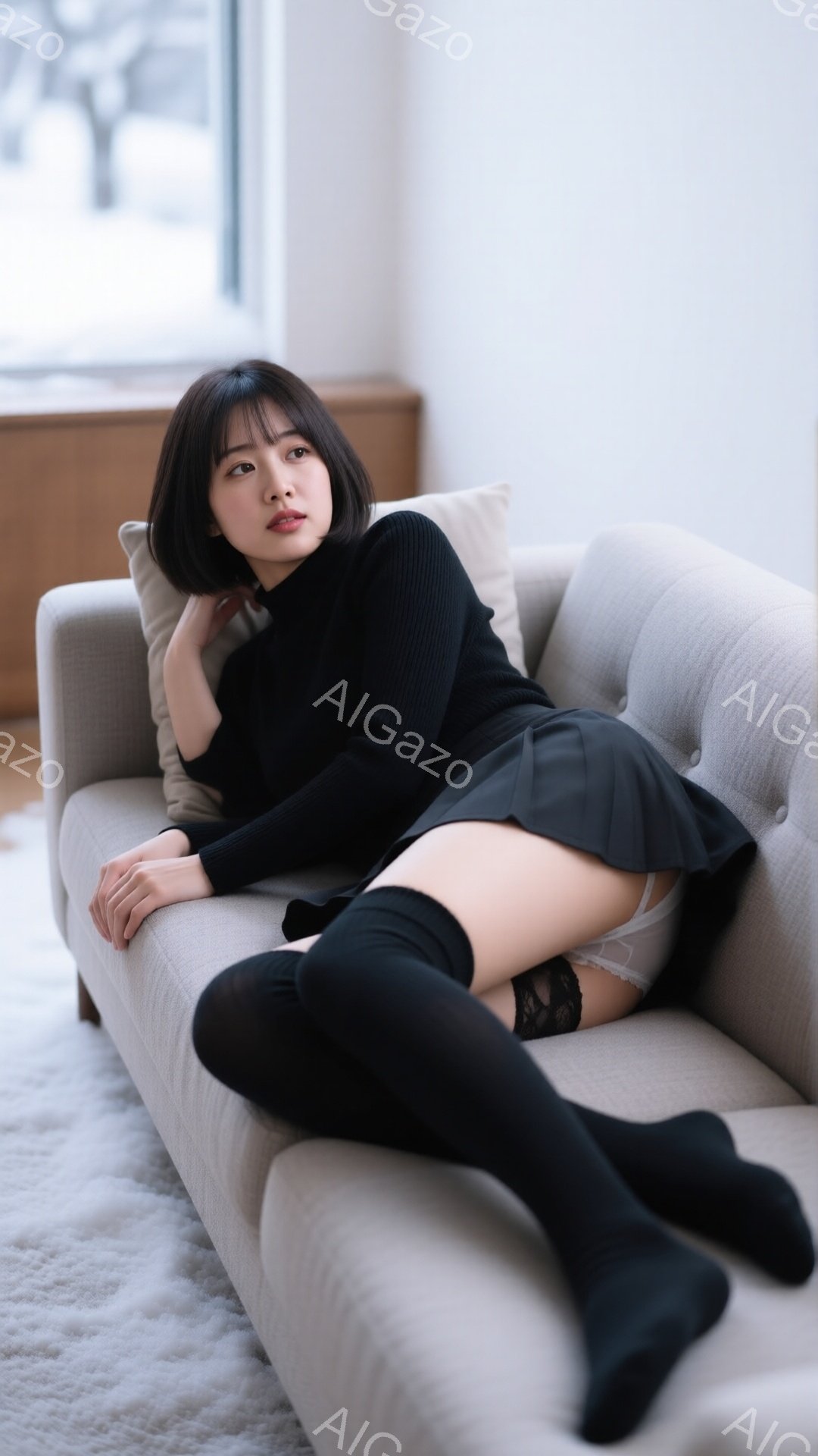 黒いニットセーターとミニスカートを身につけた若い女性が、グレーのソファに横たわっている。彼女は膝を曲げ、片足をもう片方の足の上に置いたリラックスした姿勢で、黒いニーハイソックスを履いている。窓の外には - AI生成フリー素材