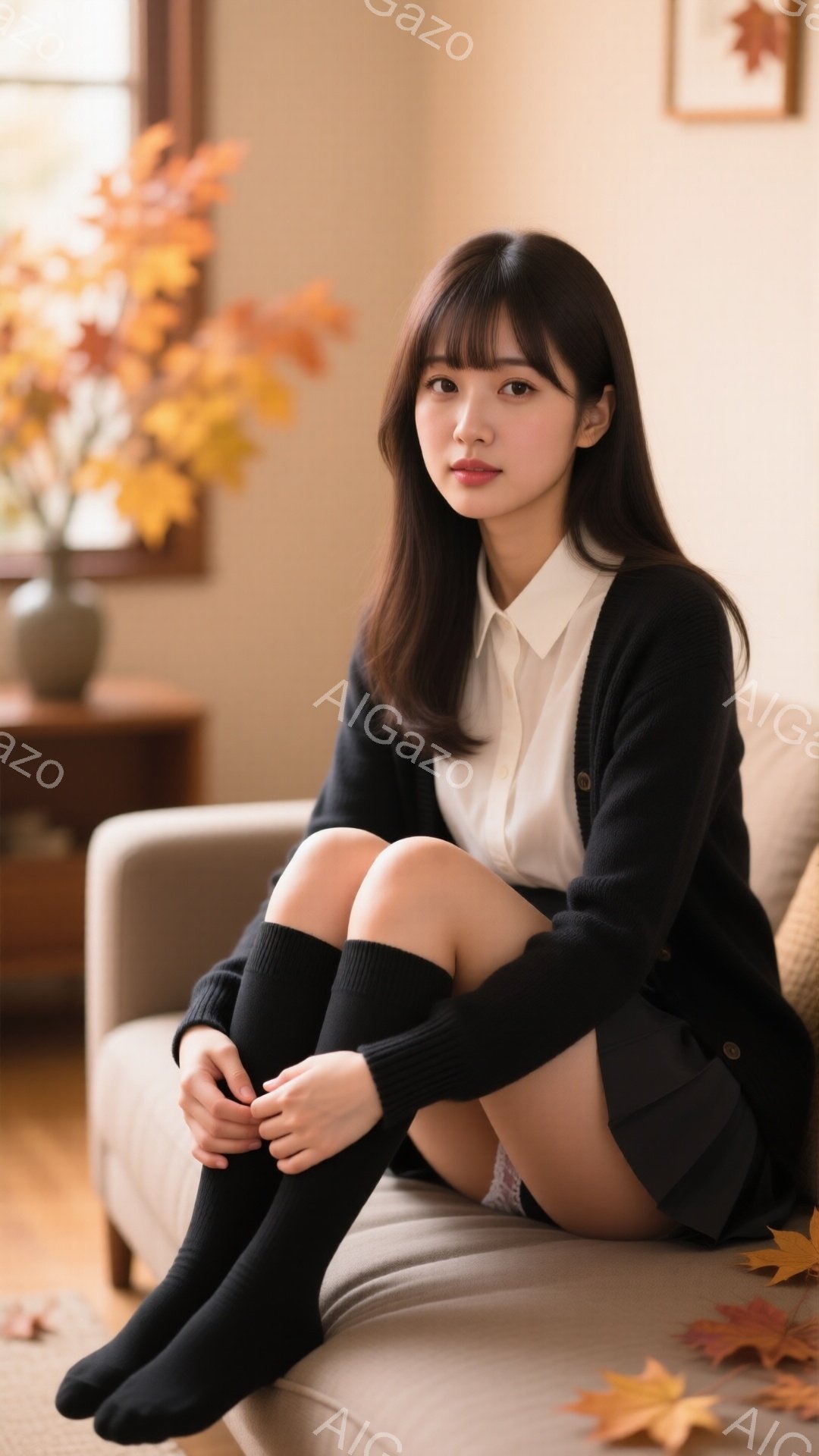 長い黒髪をセンターパートにした女性が、ベージュ色のソファに座って膝を抱えています。白のシャツに黒のカーディガン、黒いニーハイソックスを合わせ、落ち着いた表情でこちらを見ています。背景には、紅葉した葉が - AI生成フリー素材